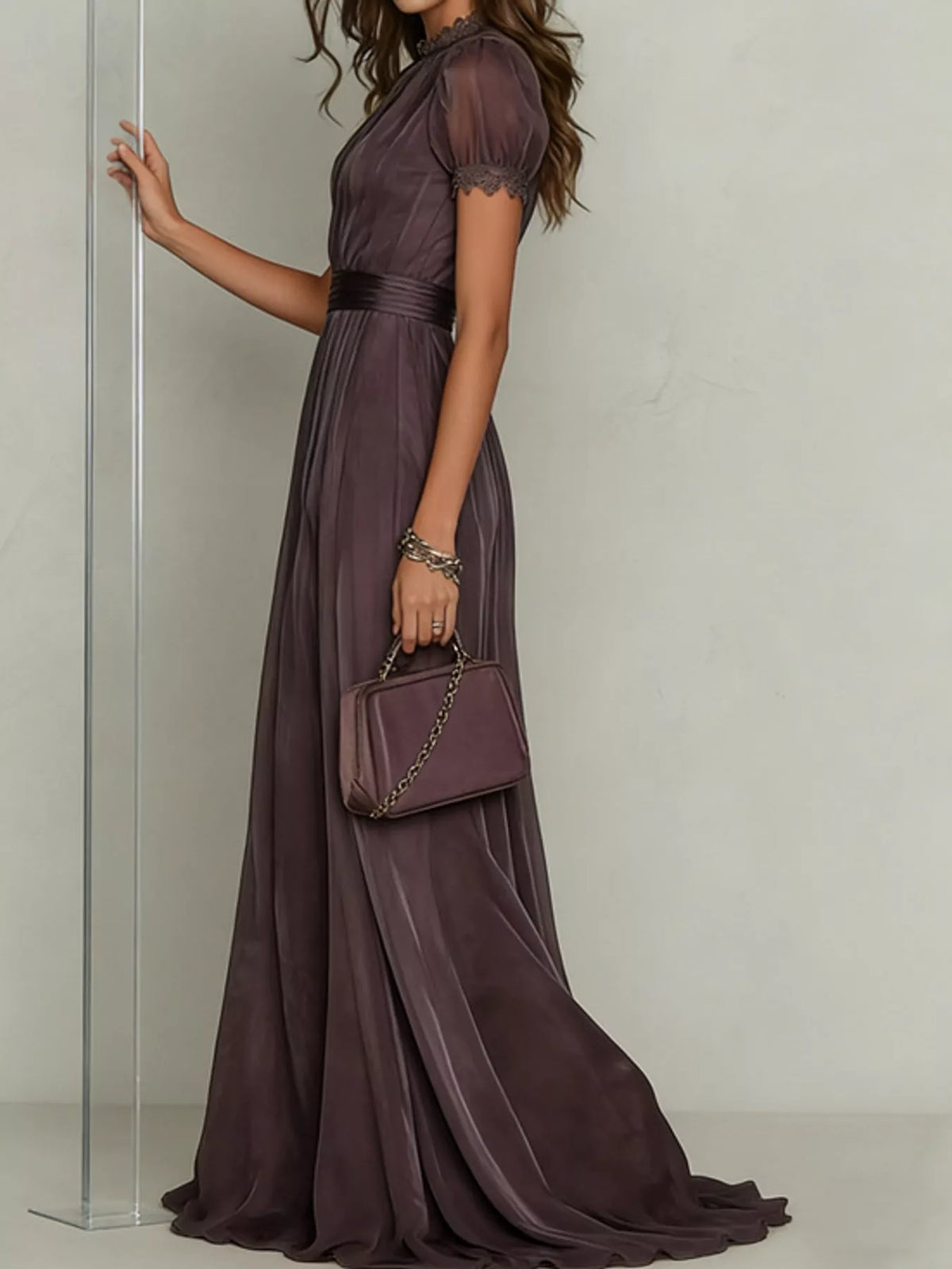 full size elegant sheer chiffon mock-neck maxi dress | dropsona - neutral - material texture
