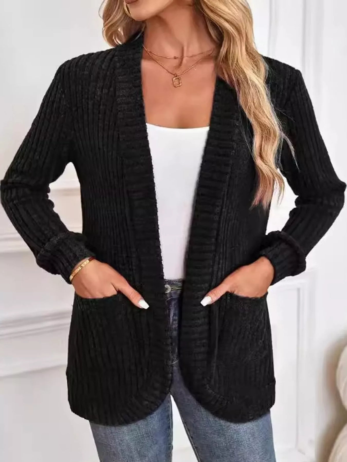 ribbed knit open front cardigan with pockets | dropsona - neutral - size reference