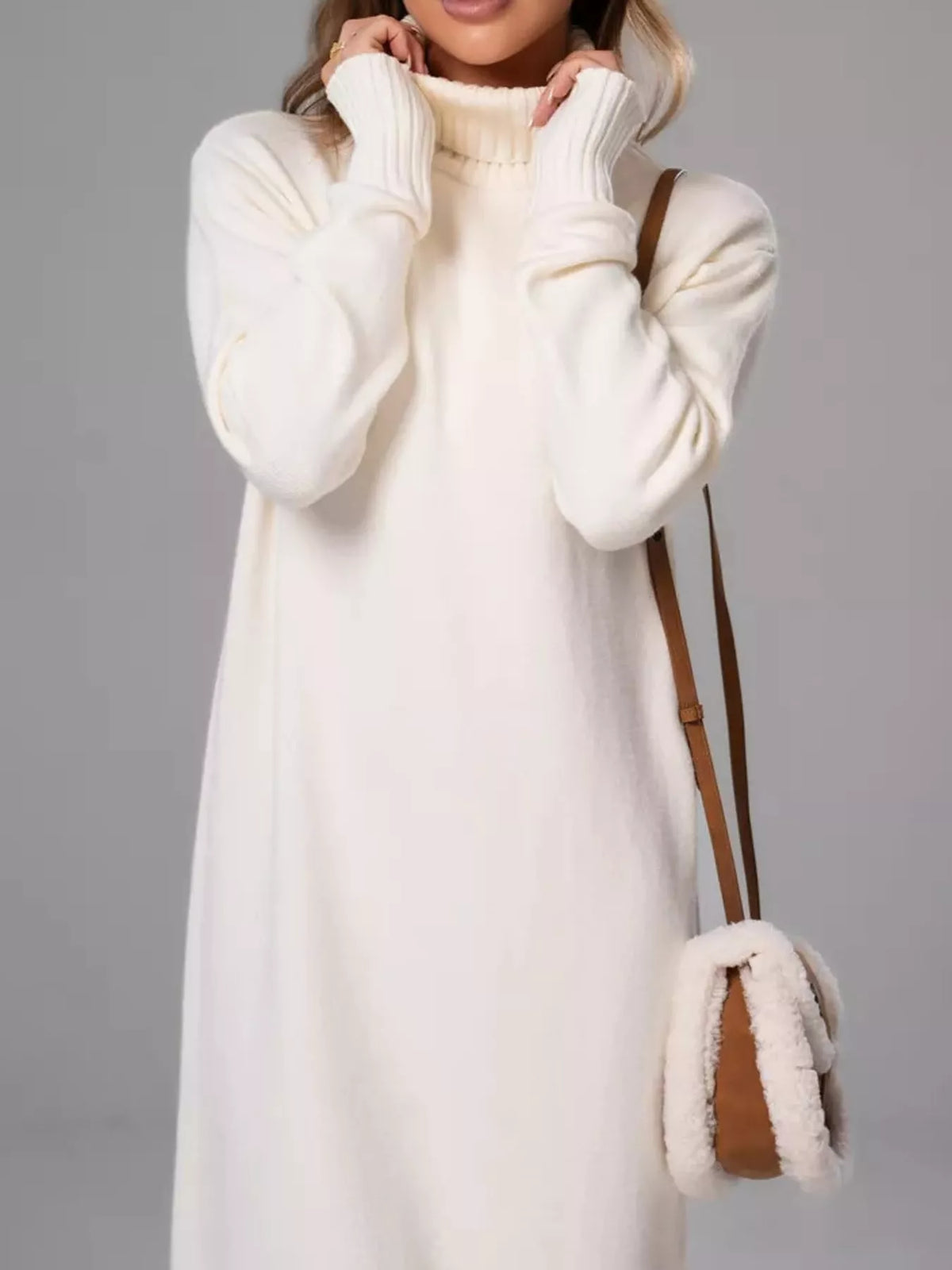 turtleneck ribbed knit sweater dress | dropsona - neutral - material texture