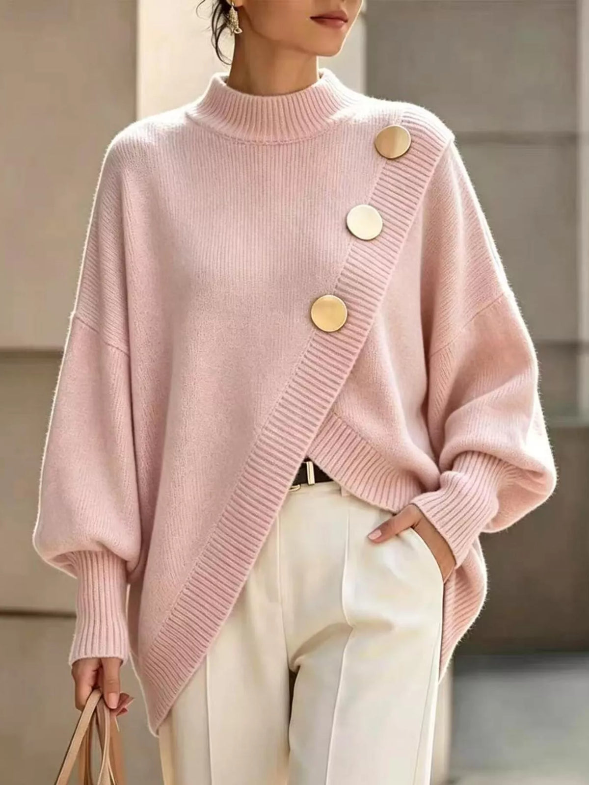 asymmetric button-decorated sweater | dropsona - neutral - packaging