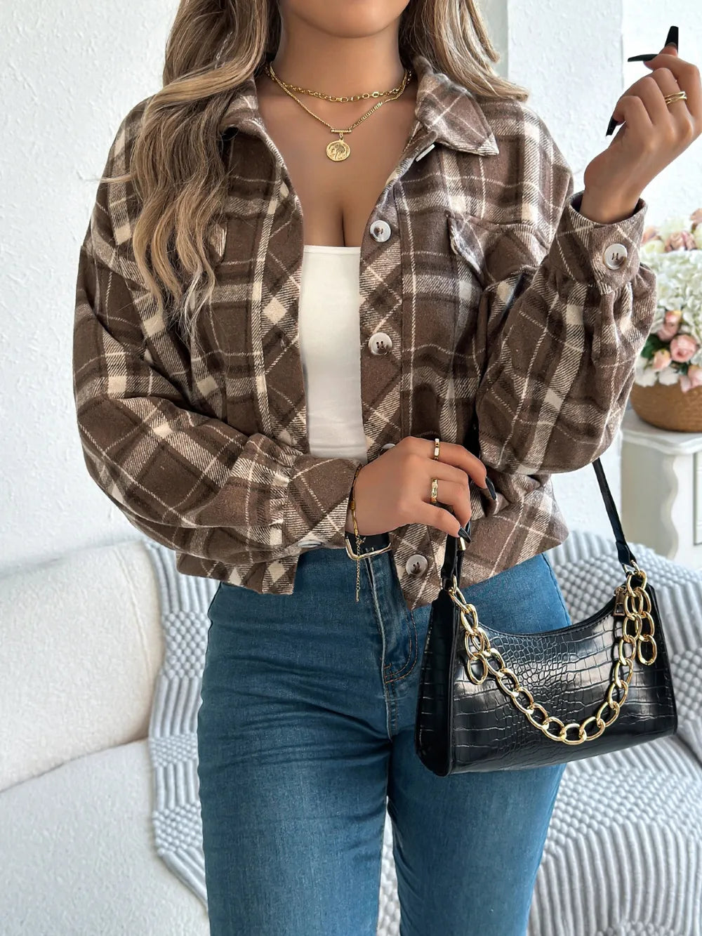 plaid button up long sleeve jacket – buttoned | dropsona - neutral - close-up detail