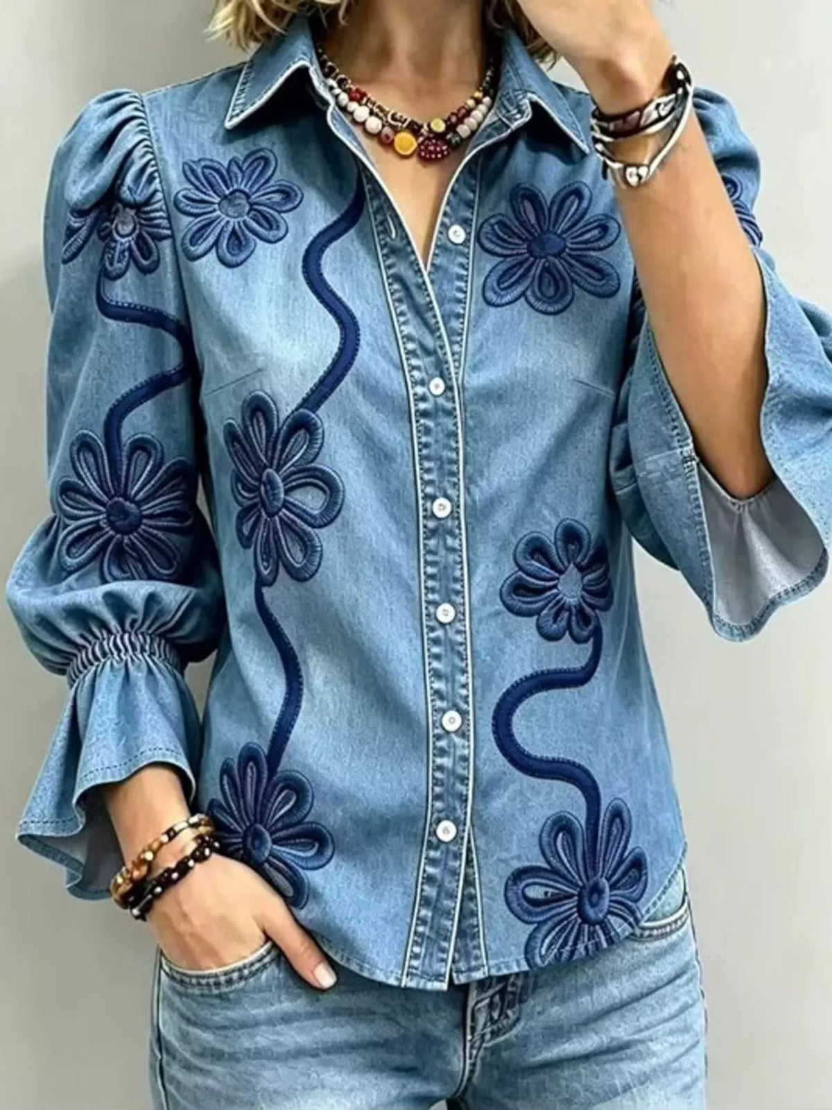 full size denim lock floral embroidered shirt plus | dropsona - neutral - close-up detail