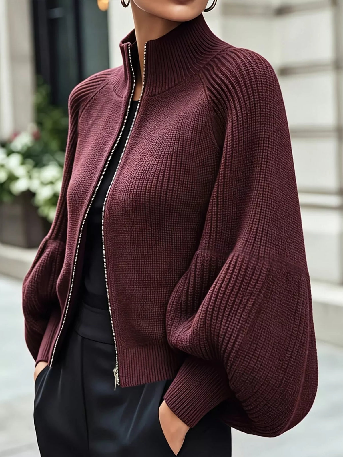full size elegant ribbed knit zip-up cardigan with | dropsona - neutral - packaging