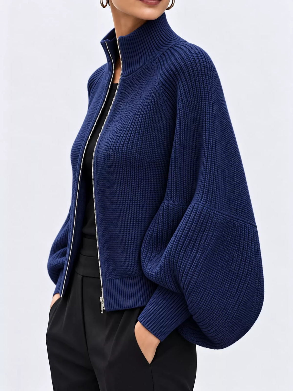 full size elegant ribbed knit zip-up cardigan with | dropsona - neutral - close-up detail