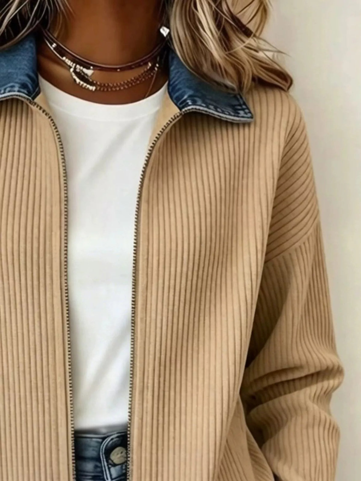 contrast denim collar ribbed knit jacket – zipper | dropsona - neutral - usage example