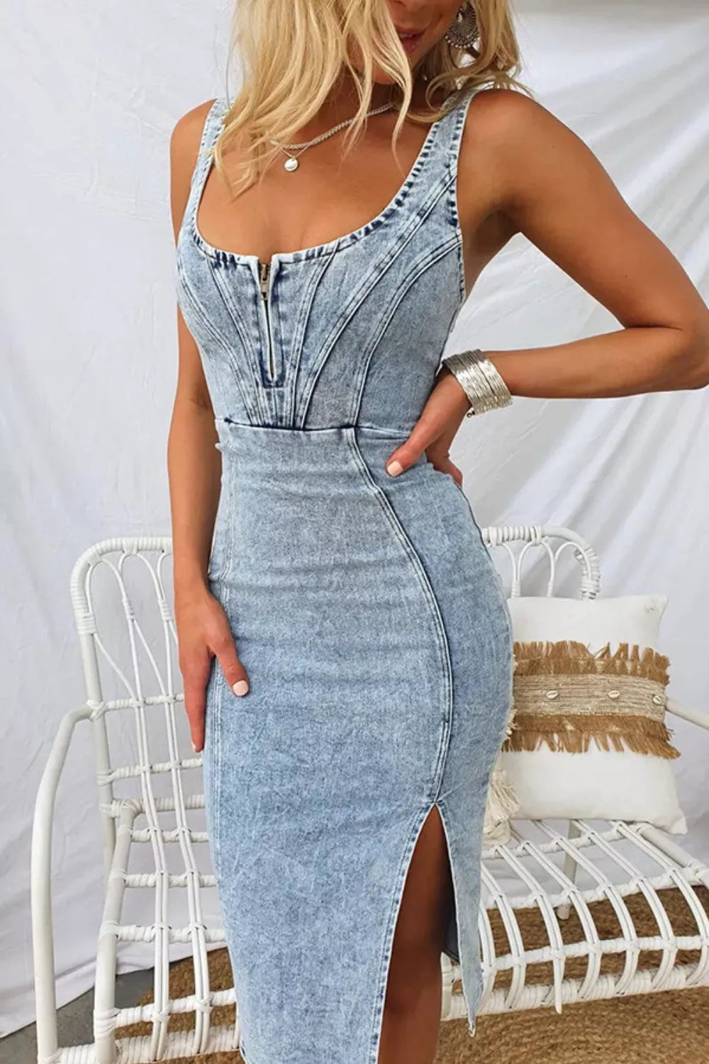 side slit washed scoop neck denim dress - size reference