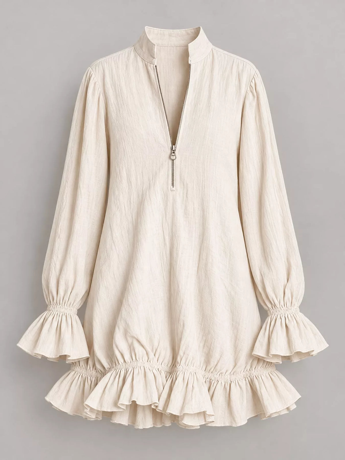 zipper-front ruffle hem mini dress – zipper, ruffled | dropsona - neutral - usage example