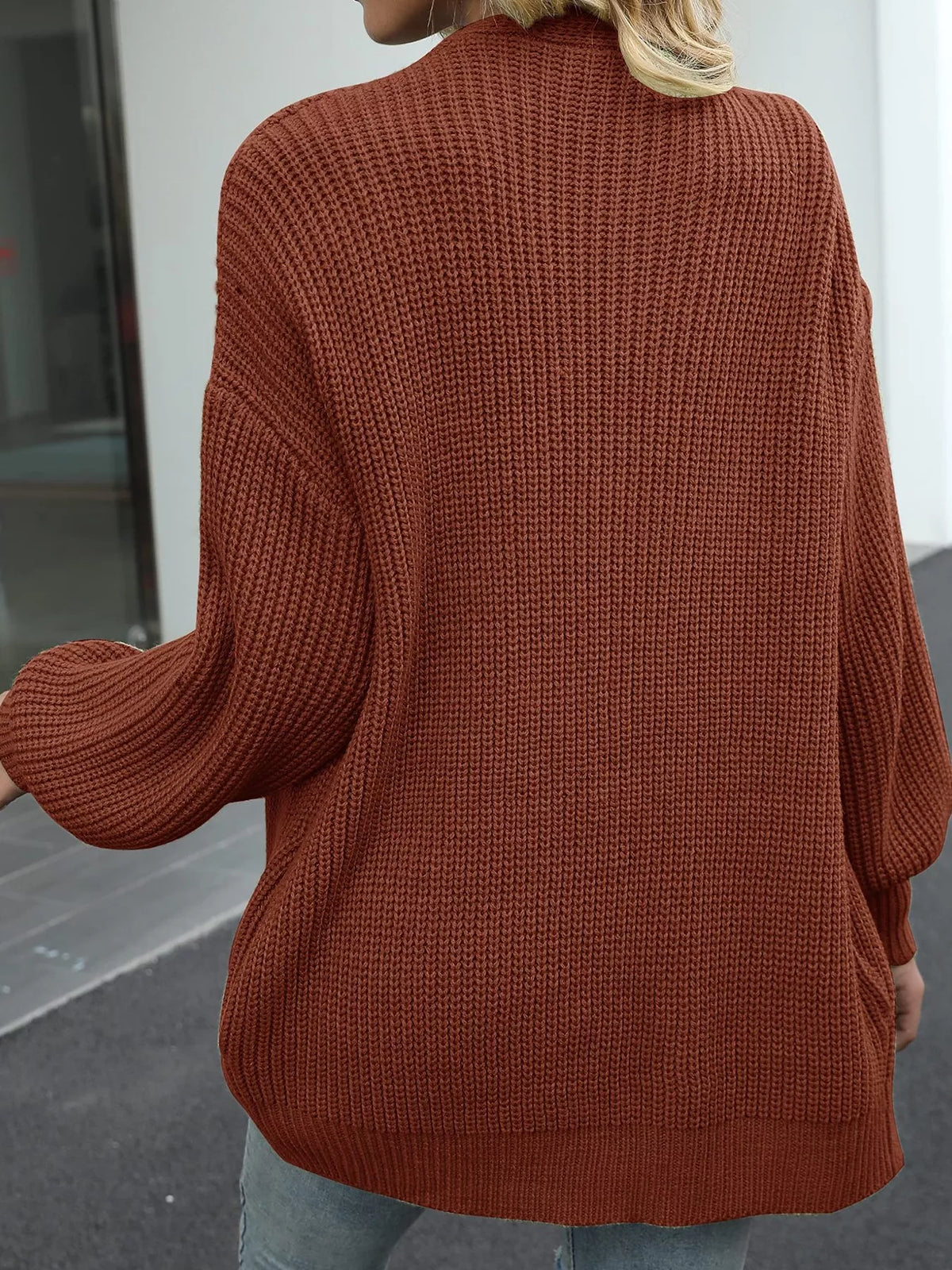 chunky knit open front cardigan with lantern sleeves | dropsona - neutral - size reference