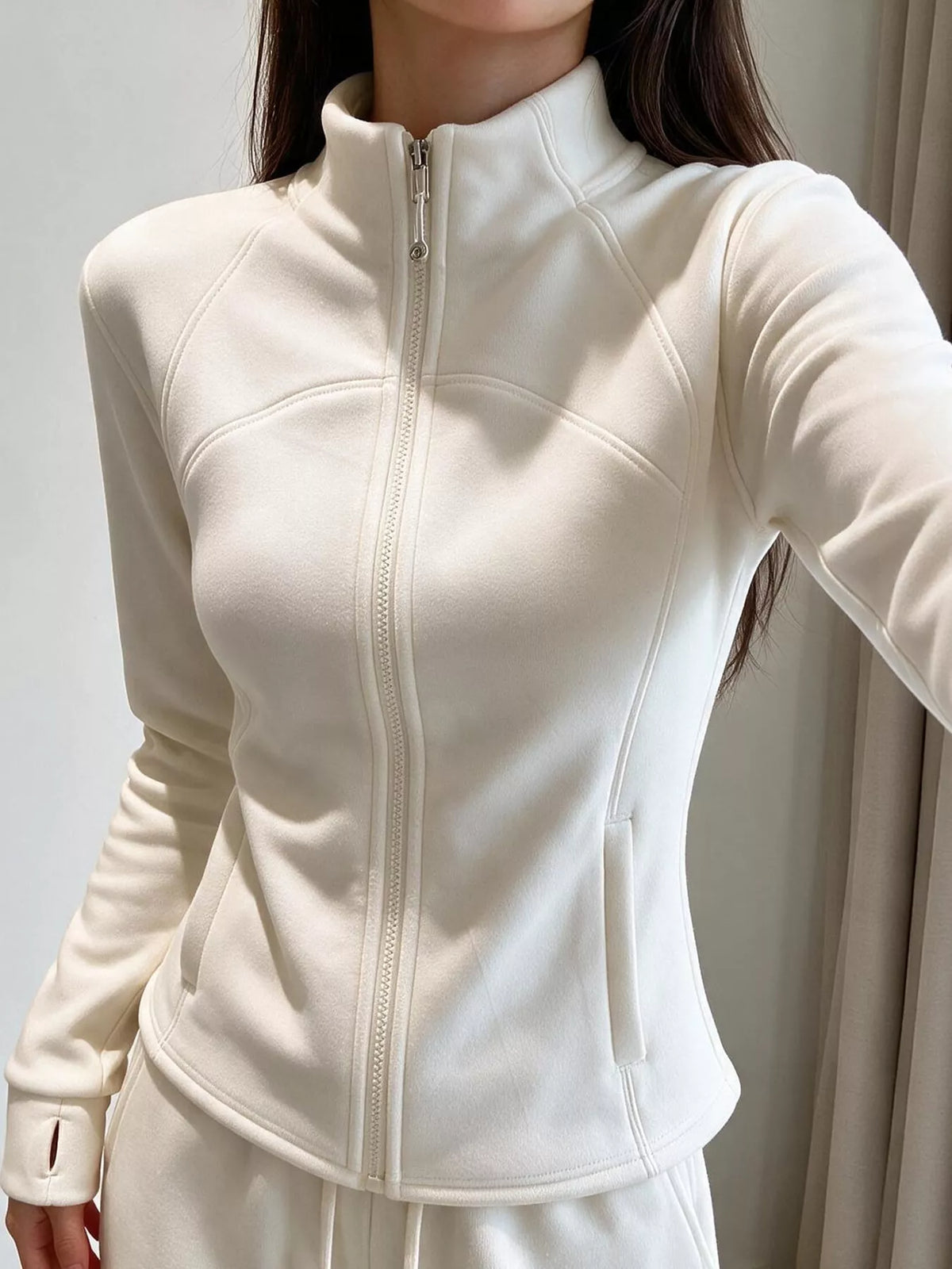 slim-fit full-zip active outerwear | dropsona - neutral - close-up detail