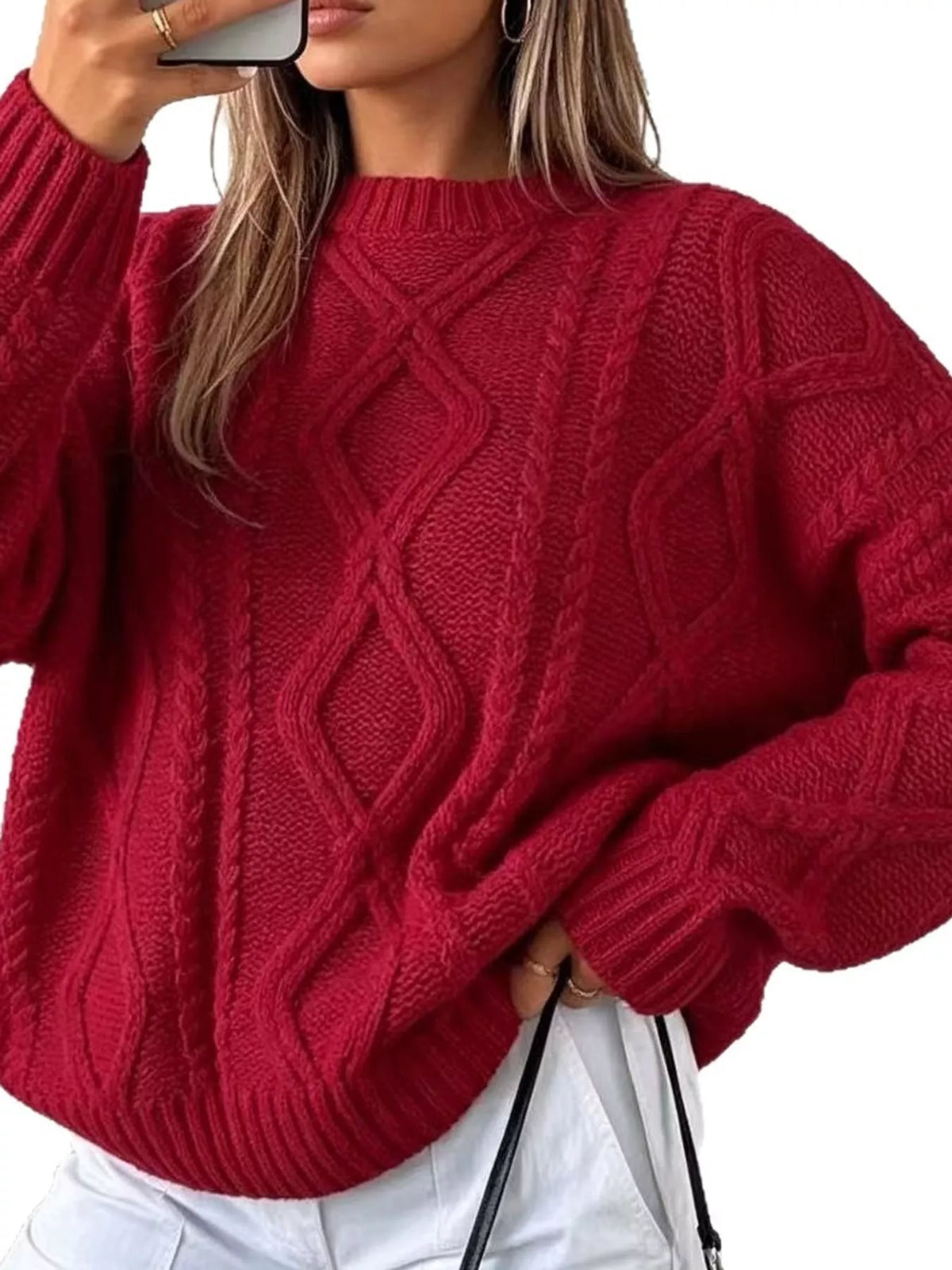 full size cable-knit round neck sweater plus | dropsona - neutral - size reference