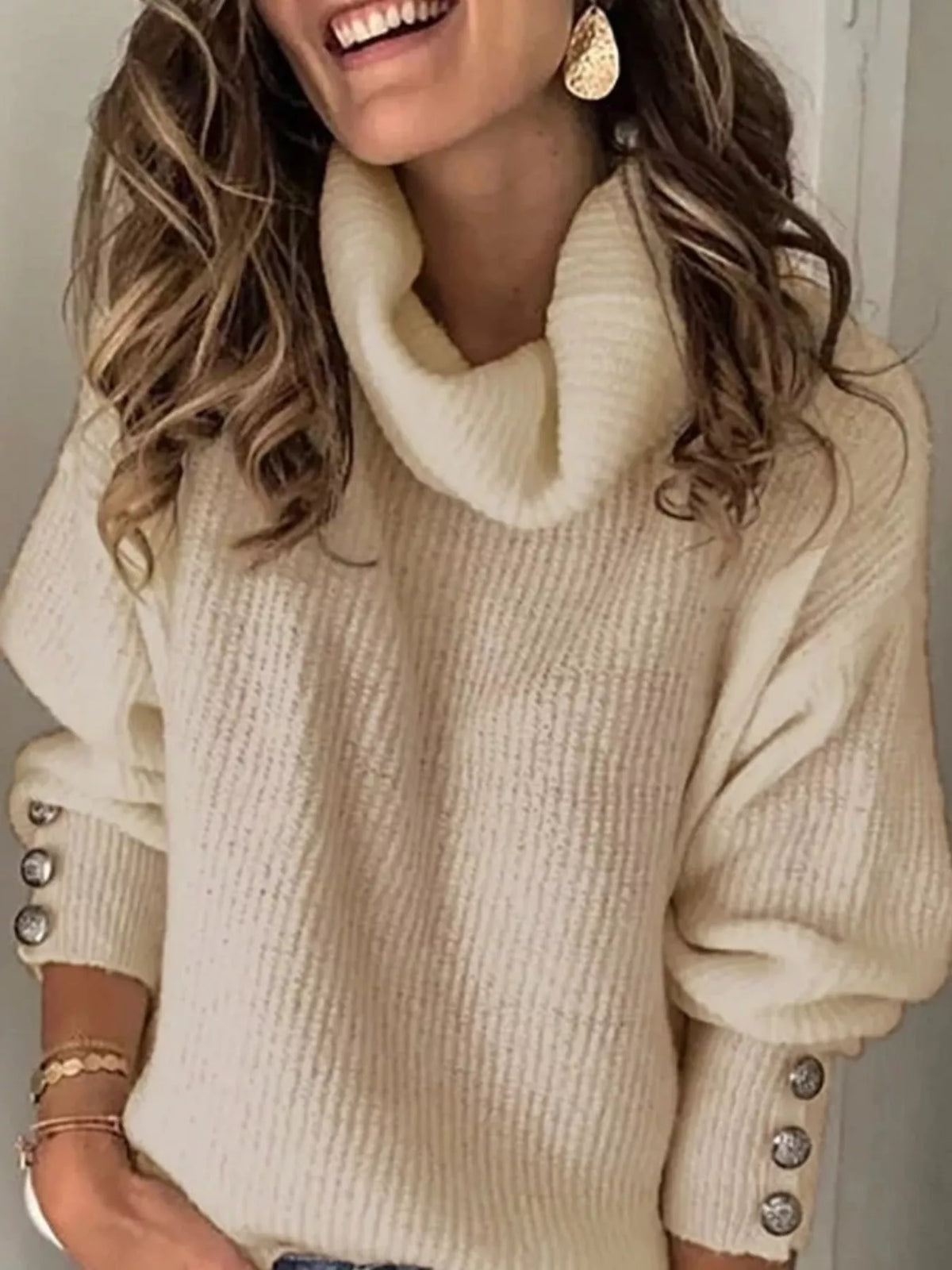 turtleneck decorative button cuffs sweater | dropsona - neutral - size reference