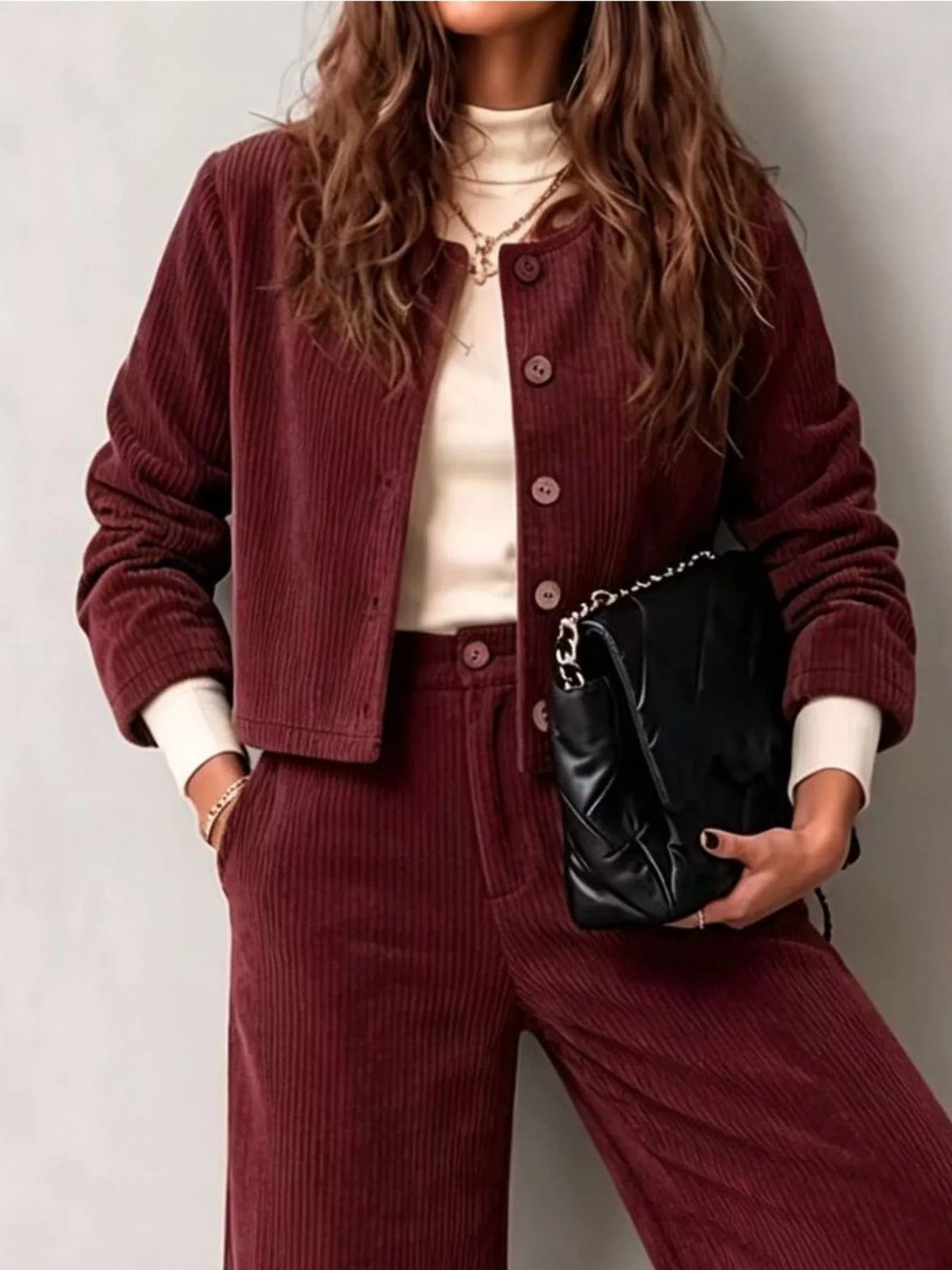 full size corduroy button-down jacket and wide-leg | dropsona - neutral - size reference