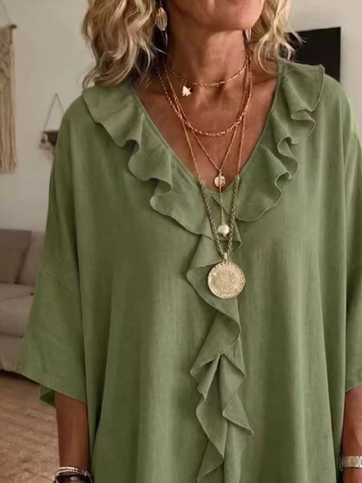 full size ruffle v-neck 3/4 sleeve blouse plus | dropsona - neutral - material texture