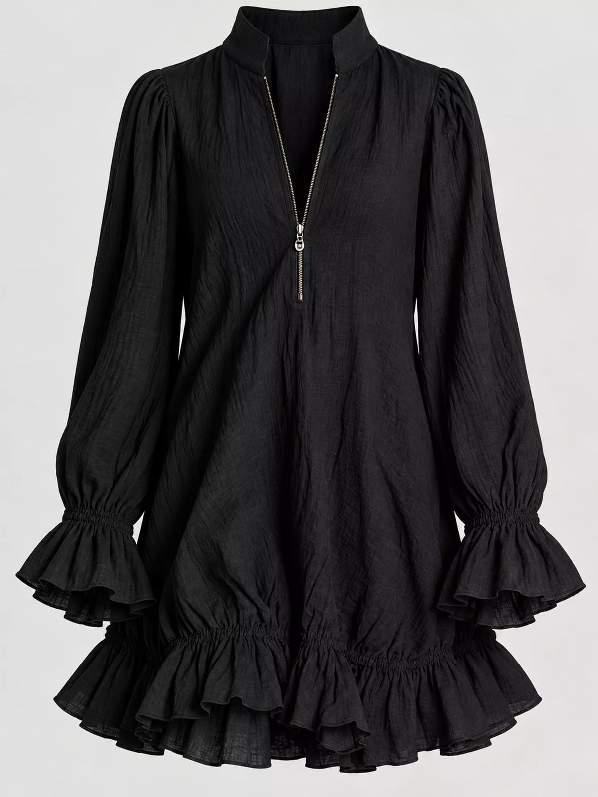 zipper-front ruffle hem mini dress – zipper, ruffled | dropsona - neutral - size reference