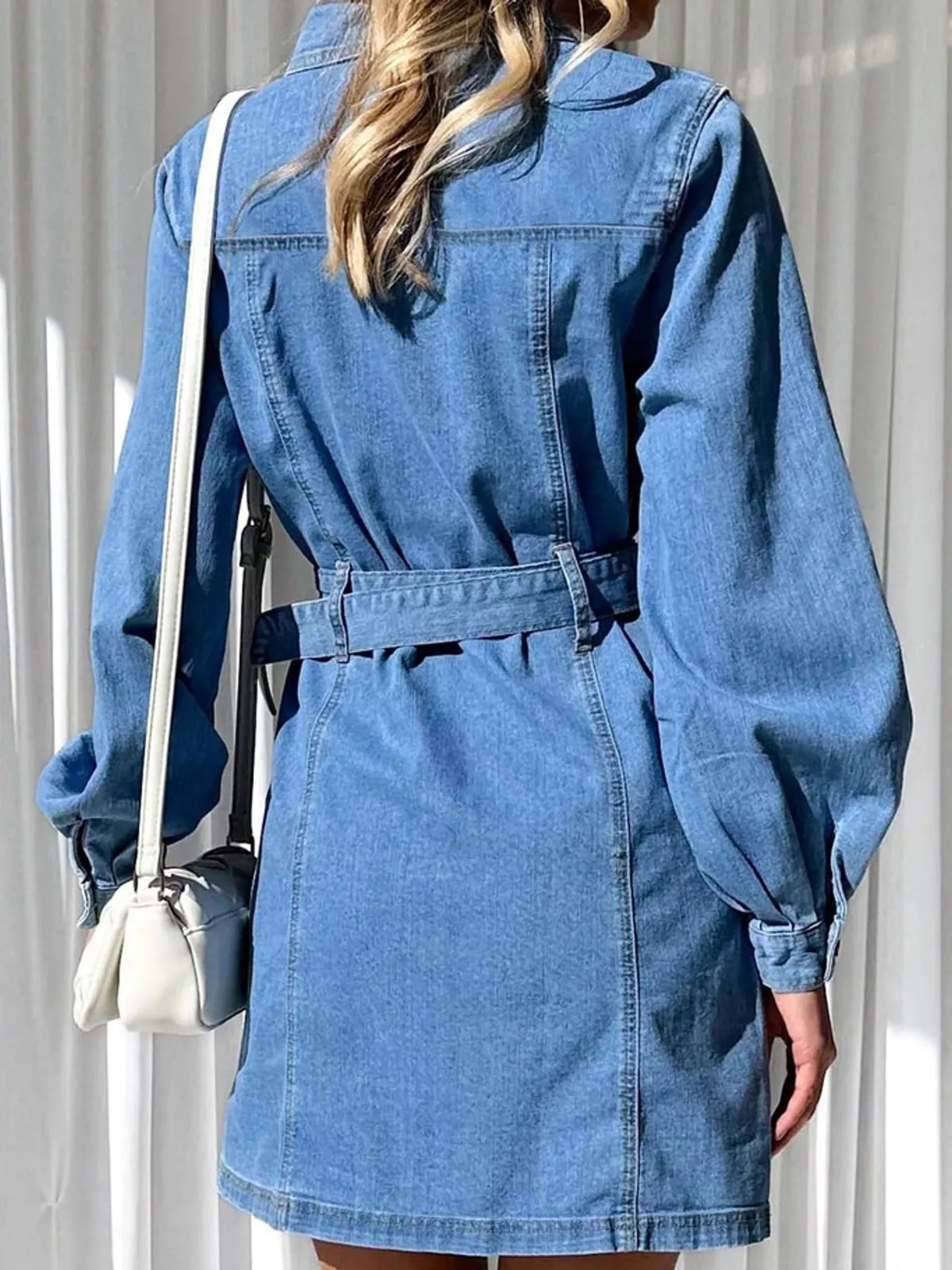 button-down denim dress with belted waist and long | dropsona - neutral - material texture