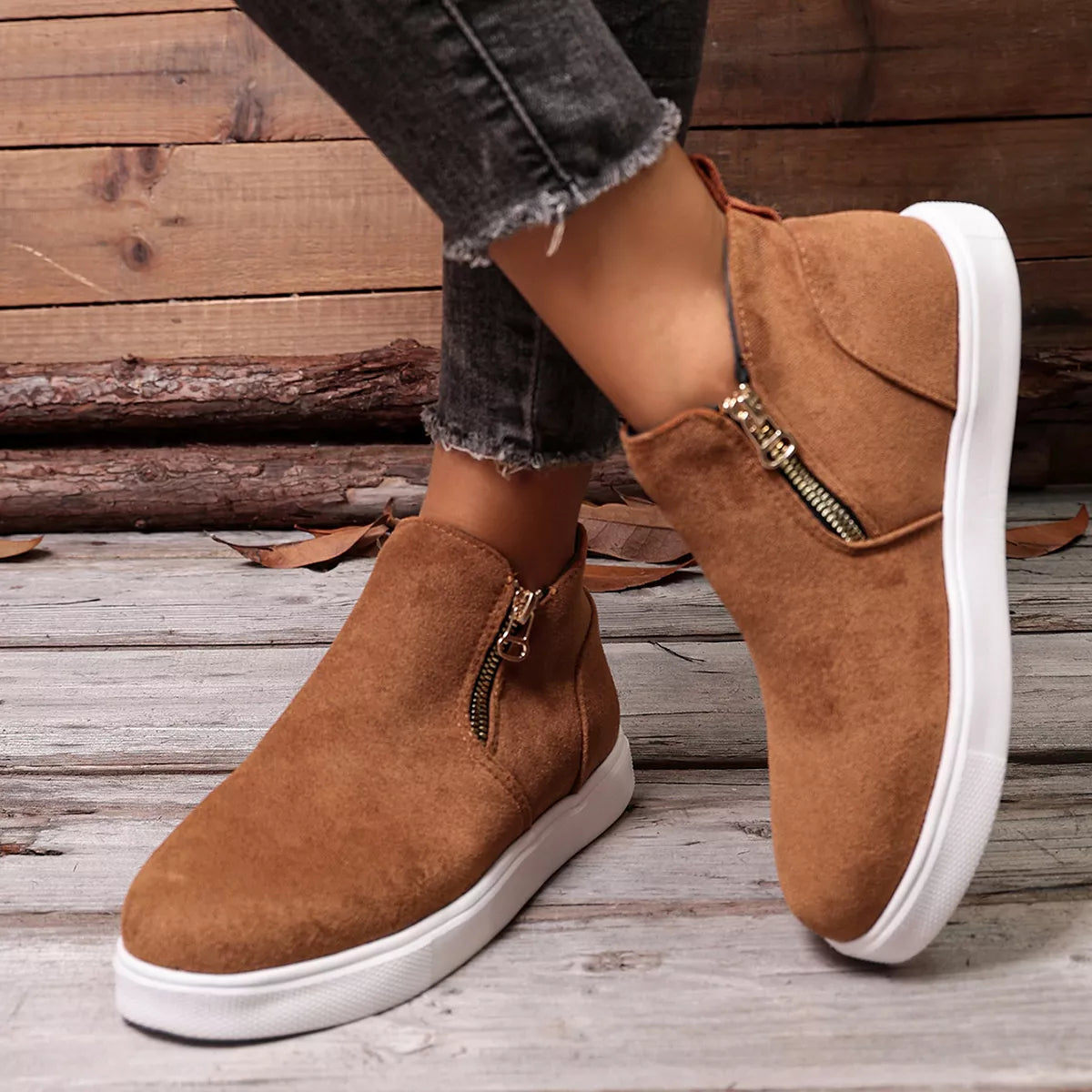 side zipper flat sneakers – modern steps | dropsona - neutral - front view