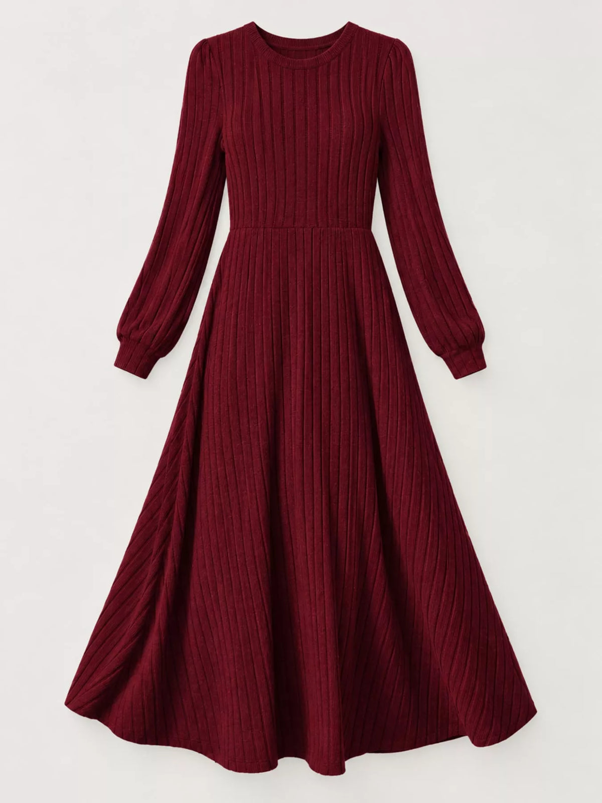 ribbed knit long sleeve a-line midi dress – | dropsona - neutral - front view