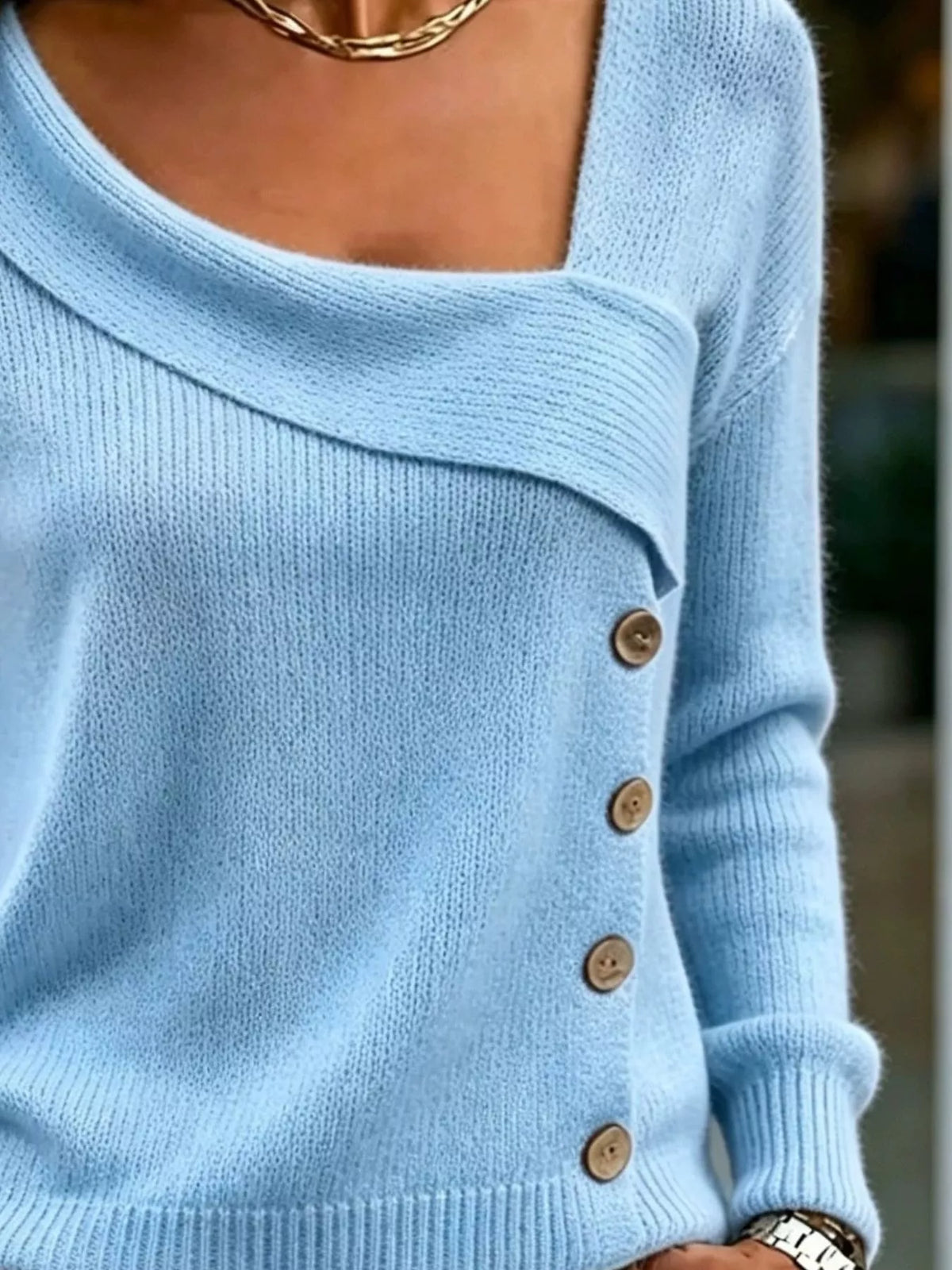 asymmetric neckline button-decorated sweater | dropsona - neutral - material texture