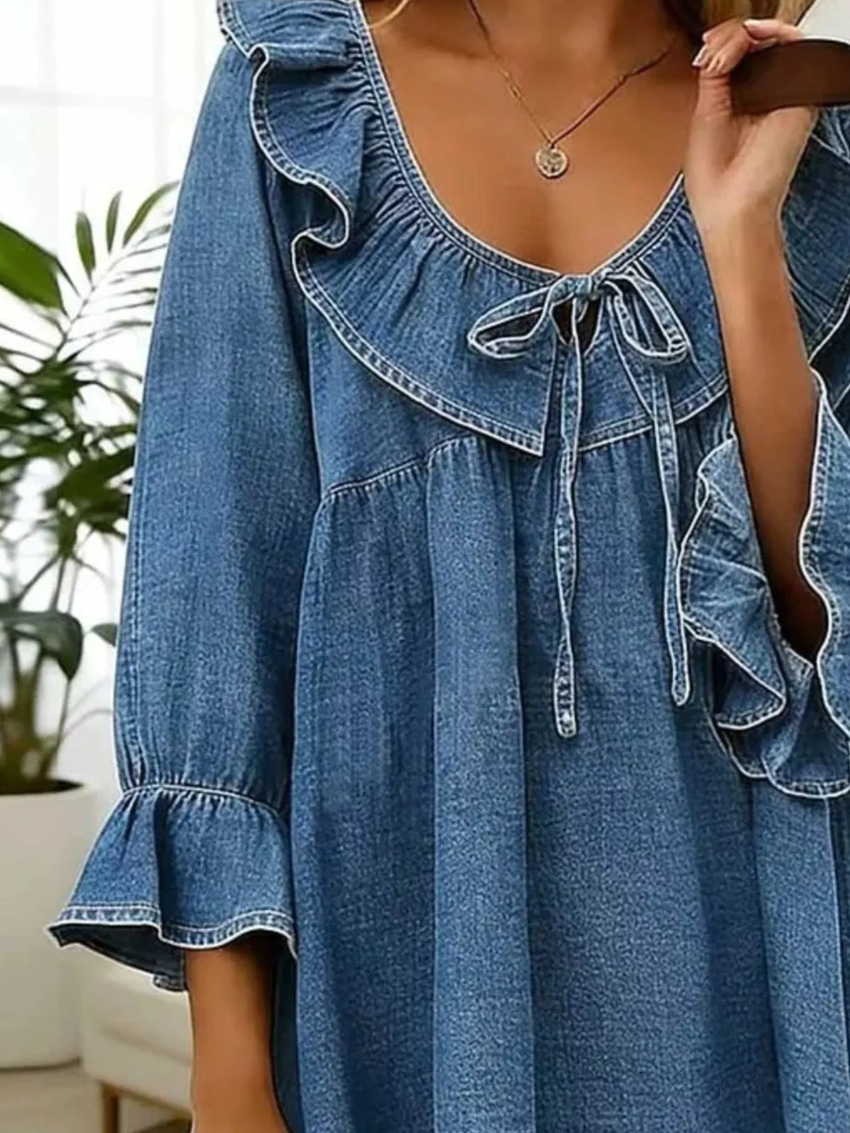 full size ruffled v-neck denim top with tie-front | dropsona - neutral - front view
