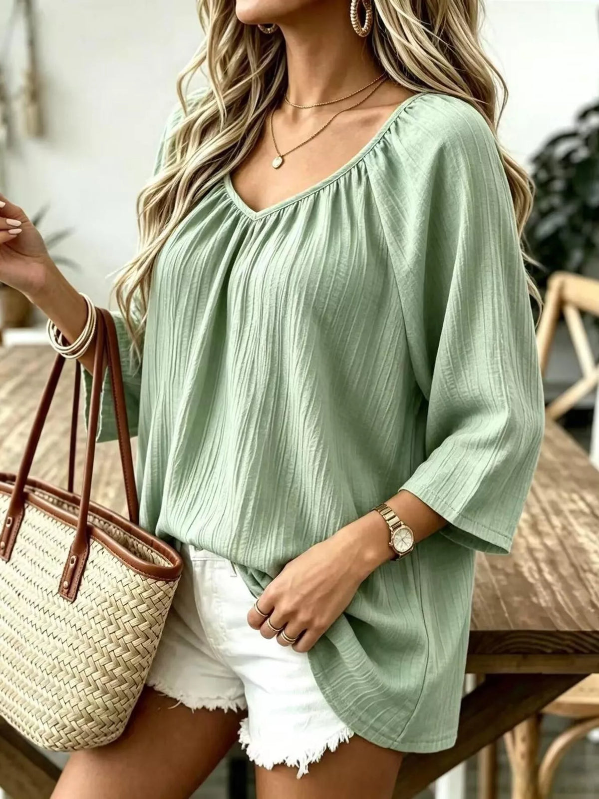 full size textured v-neck casual t-shirt plus | dropsona - neutral - size reference