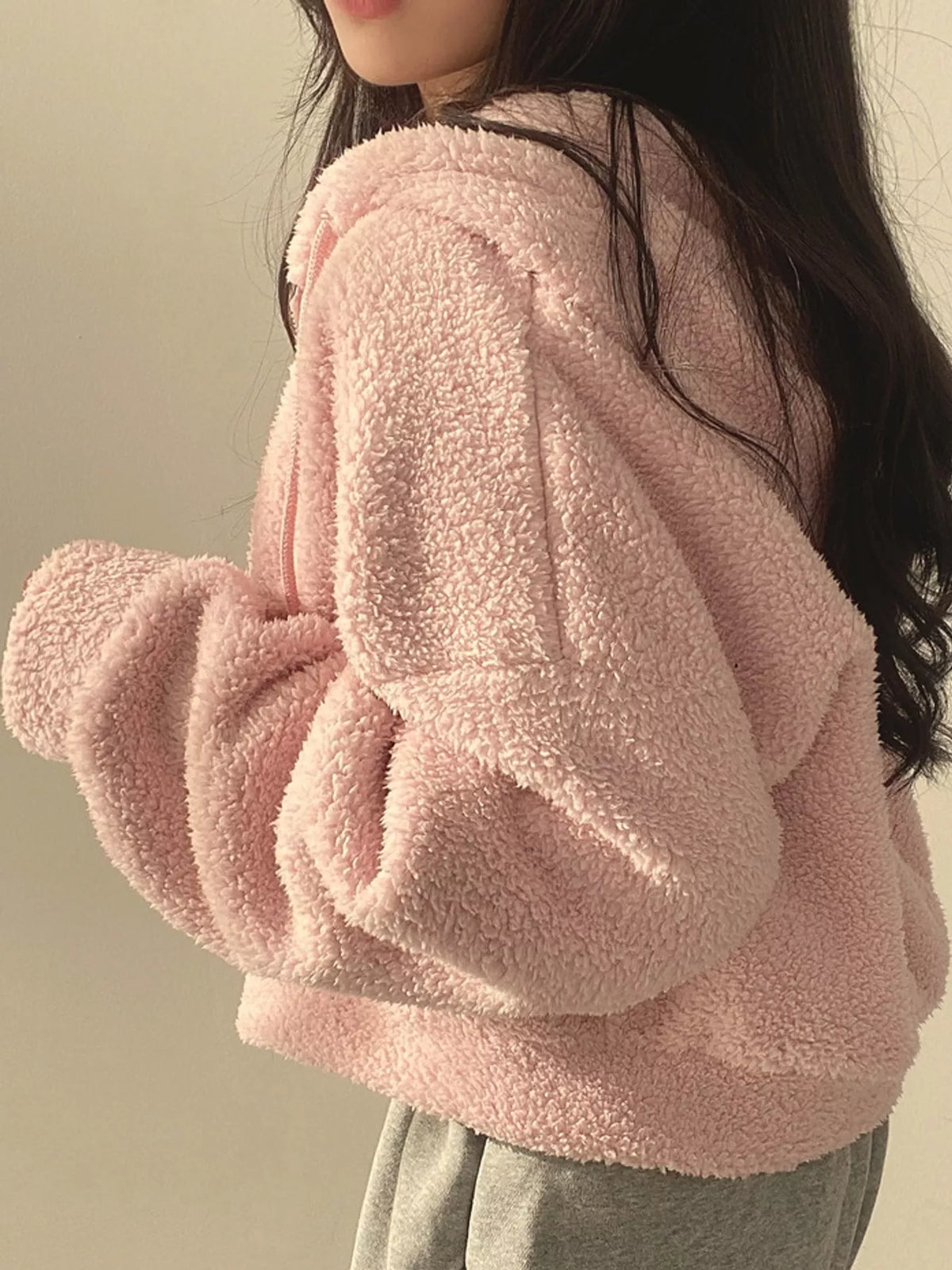 oversized sherpa zip-up hoodie | dropsona - neutral - material texture