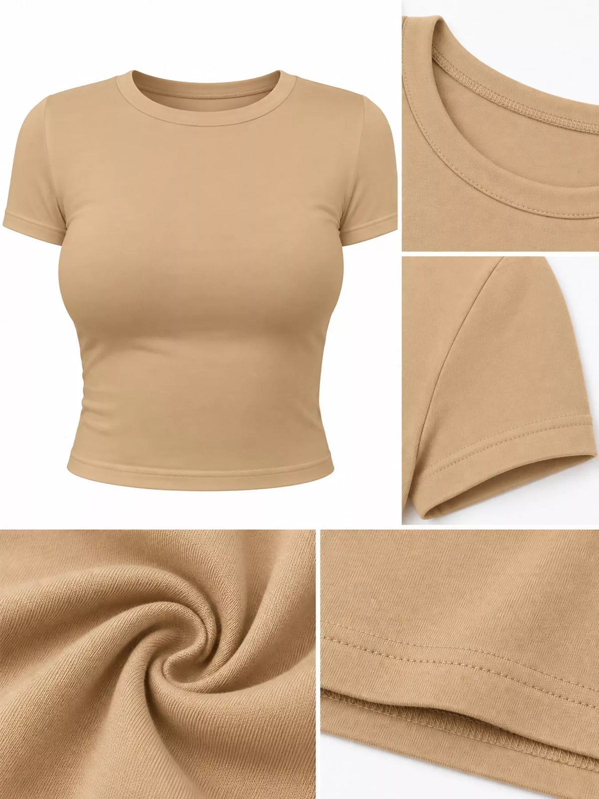 slim fit basic crew neck short sleeve crop t-shirt | dropsona - neutral - material texture