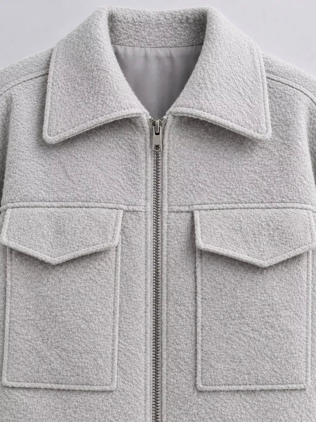 zip up cropped jacket – zipper,pocketed fit | dropsona - neutral - close-up detail