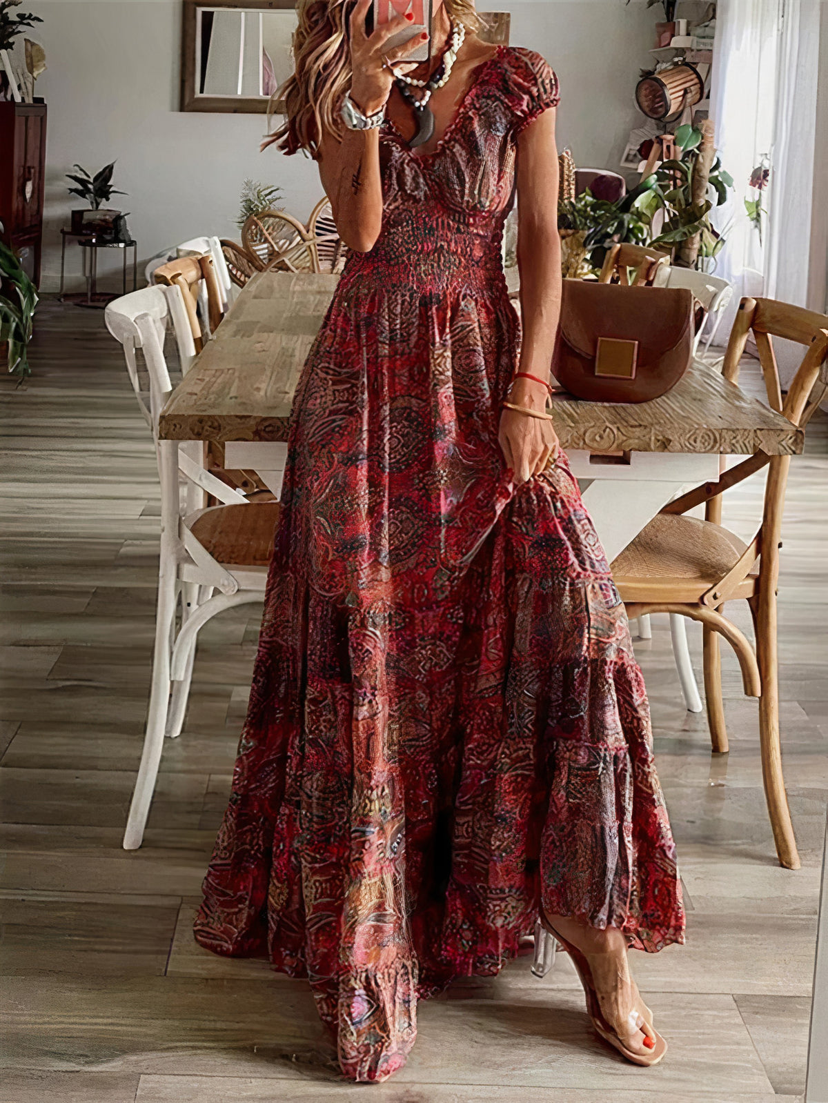 full size smocked printed v-neck short sleeve dress - everyday wear