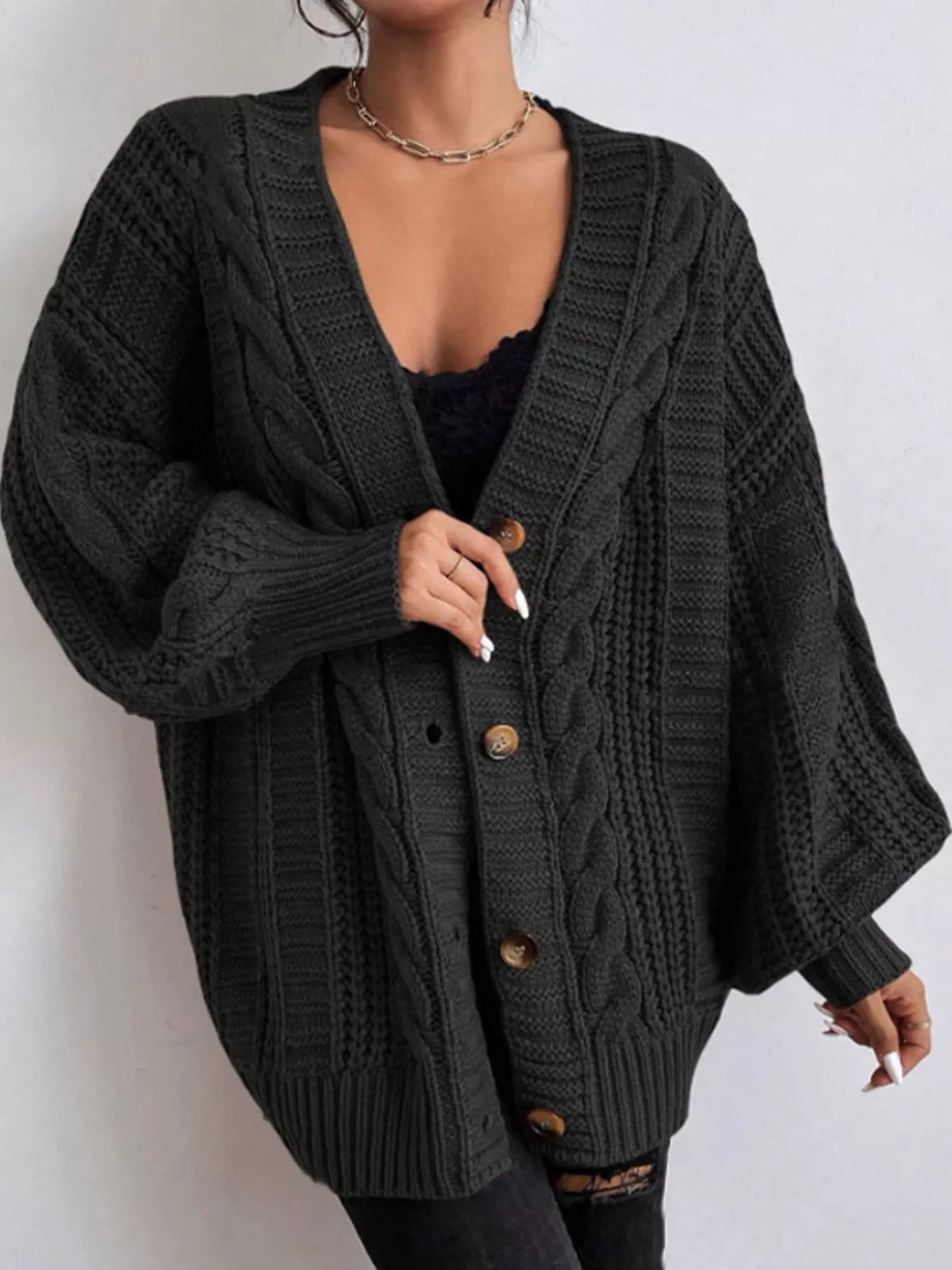 cable knit button-down cardigan | dropsona - neutral - usage example