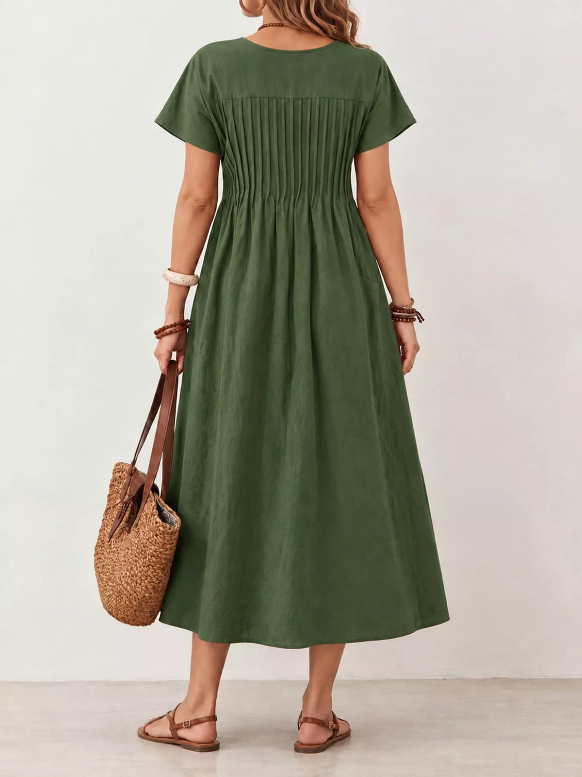 full size elegant pleated casual midi dress with | dropsona - neutral - front view