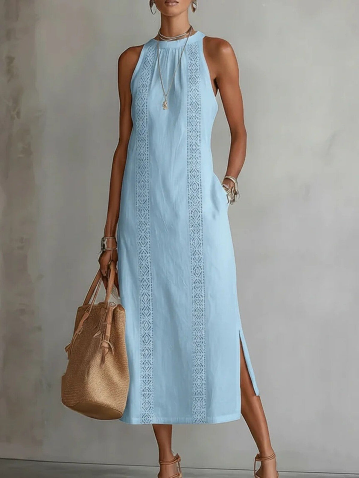 side slit sleeveless hollow-out trimmed midi dress | dropsona - neutral - material texture
