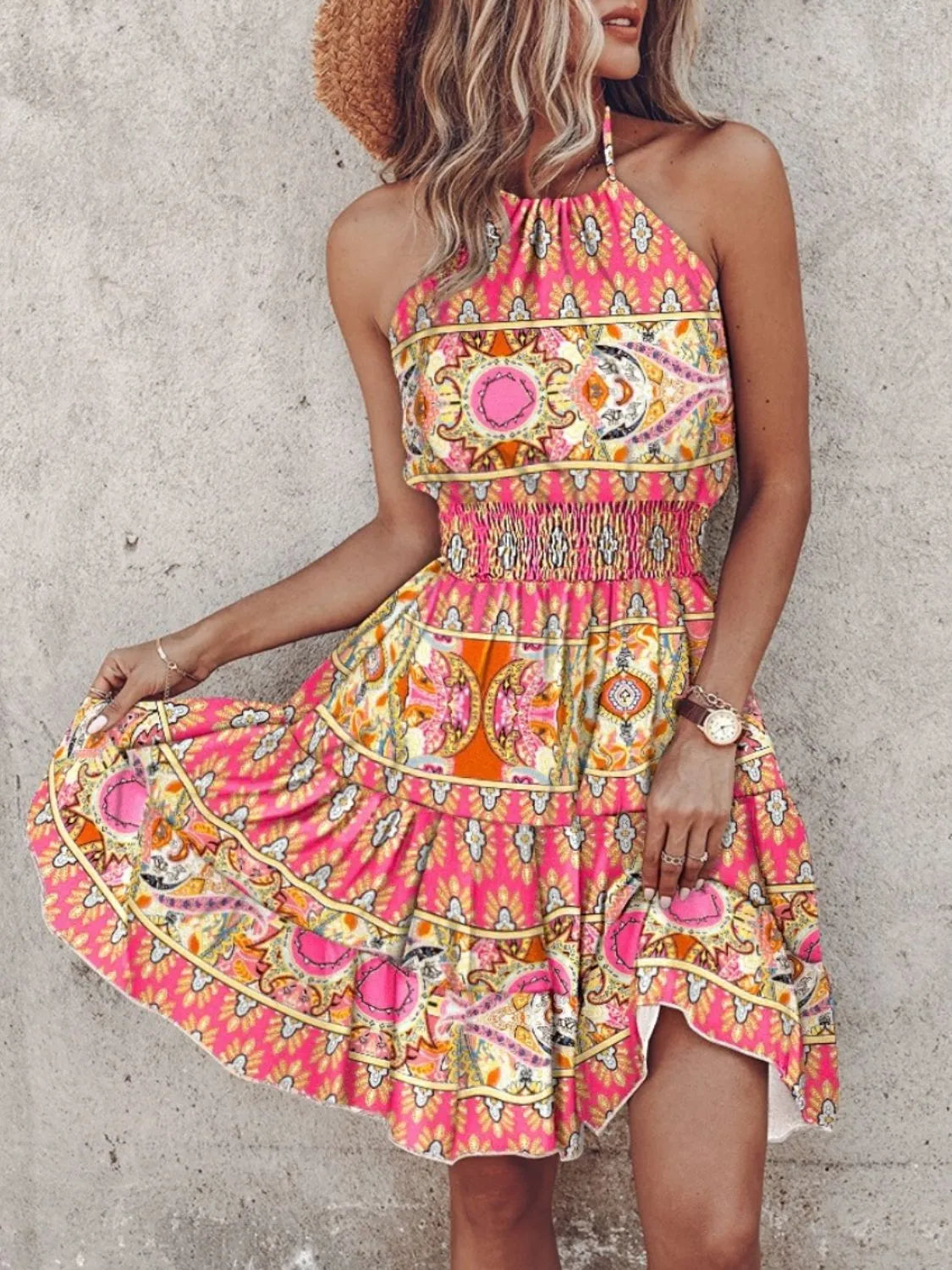 paisley print halter neck mini dress - front view