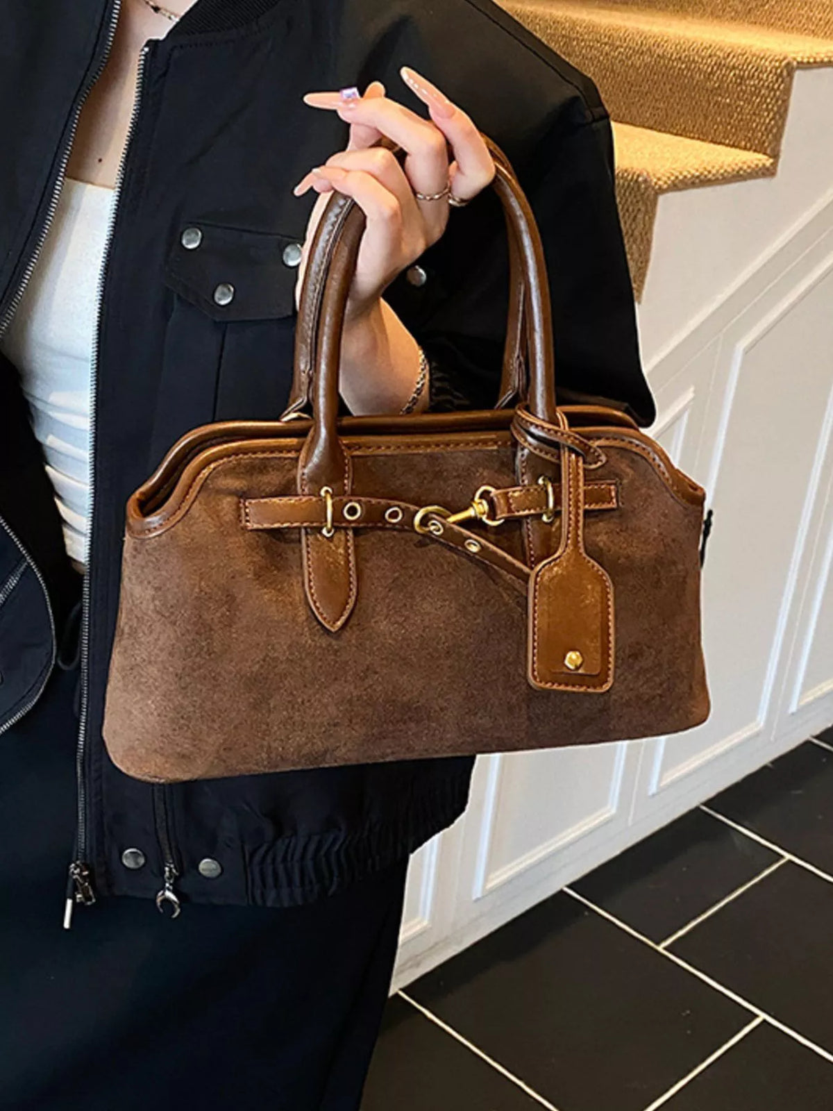 vintage buckle detail handbag – stylish sling | dropsona - neutral - material texture