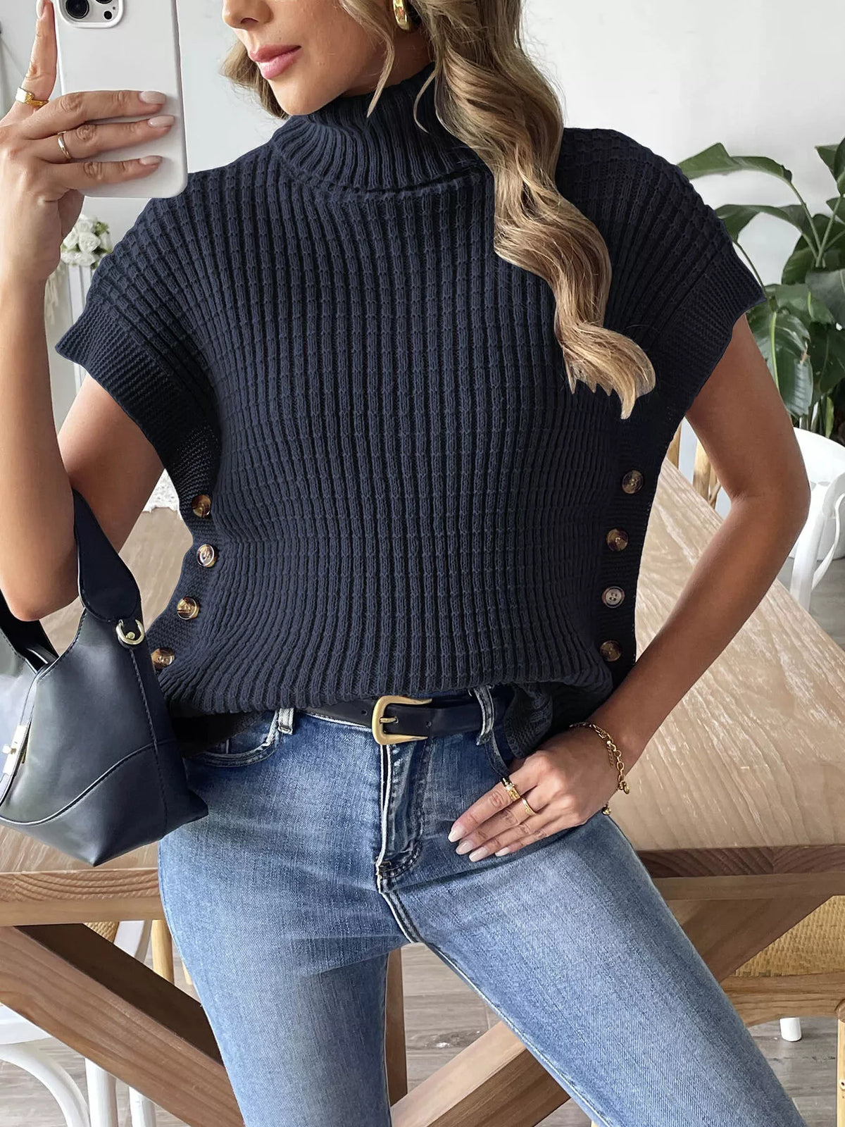 ribbed turtleneck sweater with side button detail | dropsona - neutral - usage example