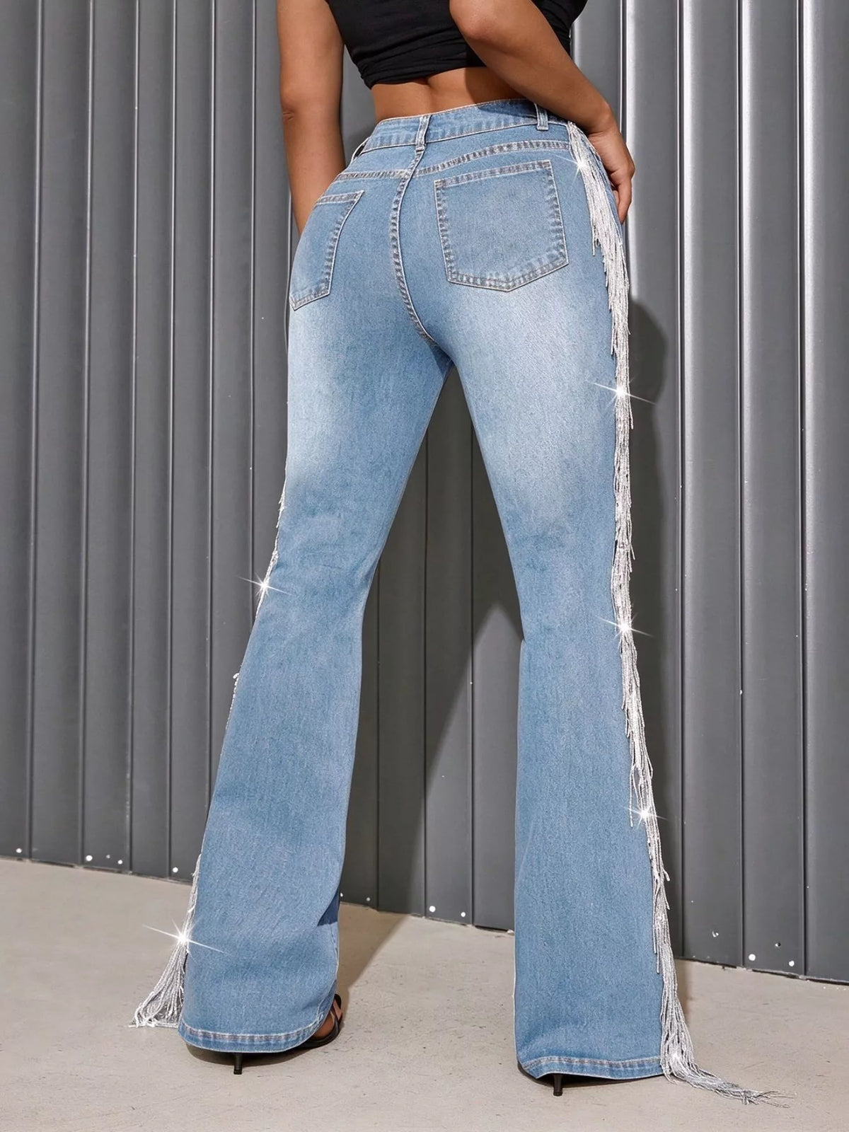 high-waisted fringe flare jeans | dropsona - neutral - close-up detail