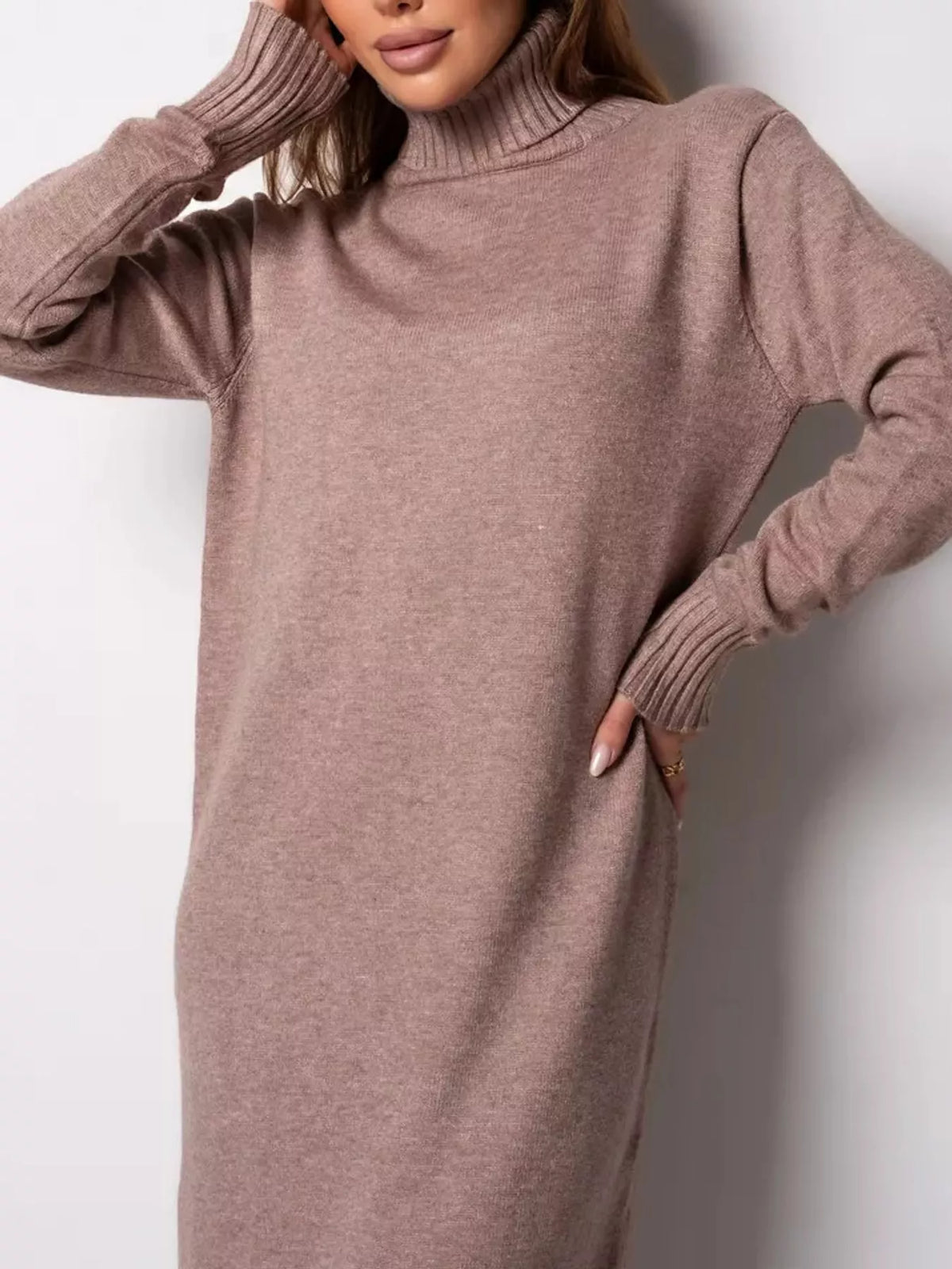 turtleneck ribbed knit sweater dress | dropsona - neutral - front view