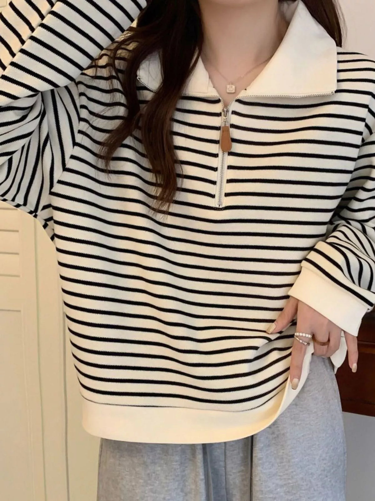 plus size striped quarter-zip pullover sweatshirt | dropsona - neutral - front view