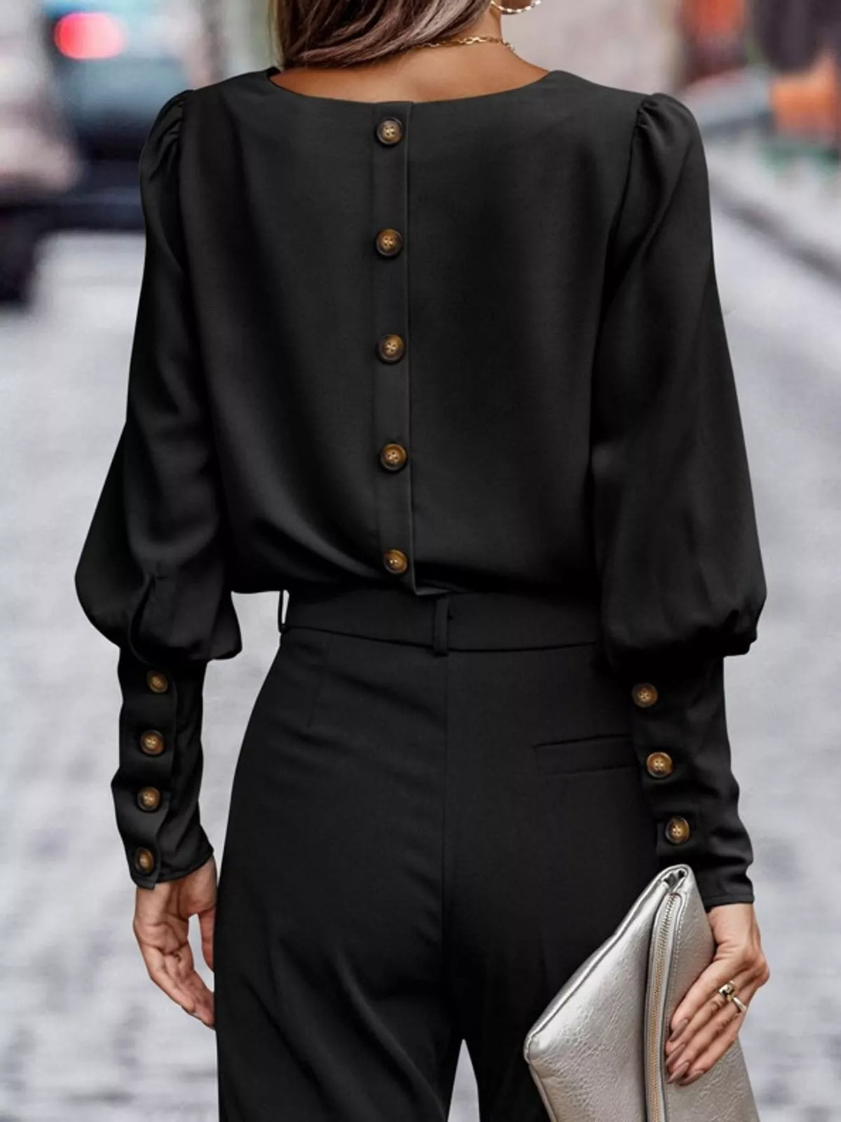 decorative button lantern sleeve blouse | dropsona - neutral - close-up detail