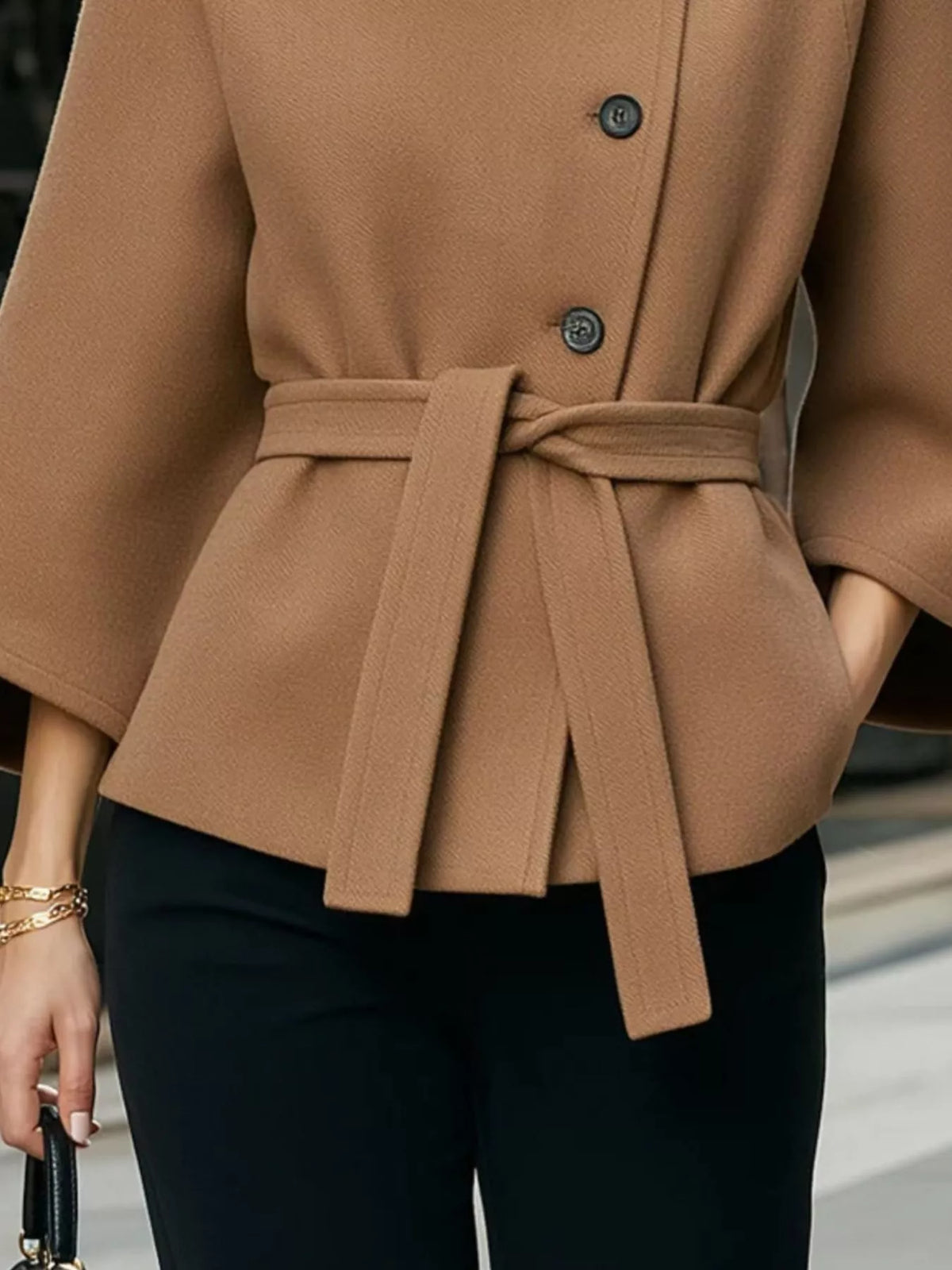button down cape coat with belted waist | dropsona - neutral - close-up detail