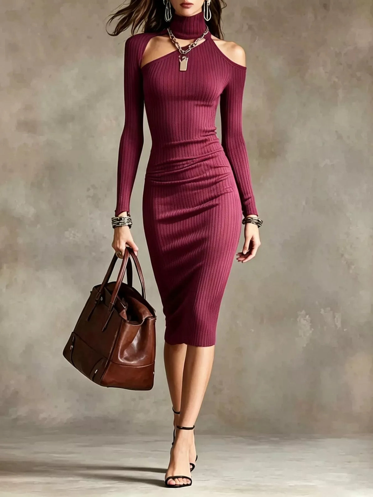 cold-shoulder turtleneck ribbed knit dress | dropsona - neutral - front view