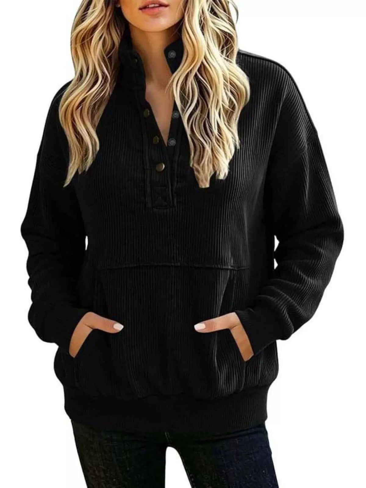 full size quarter snap kangaroo pocket sweatshirt | dropsona - neutral - close-up detail