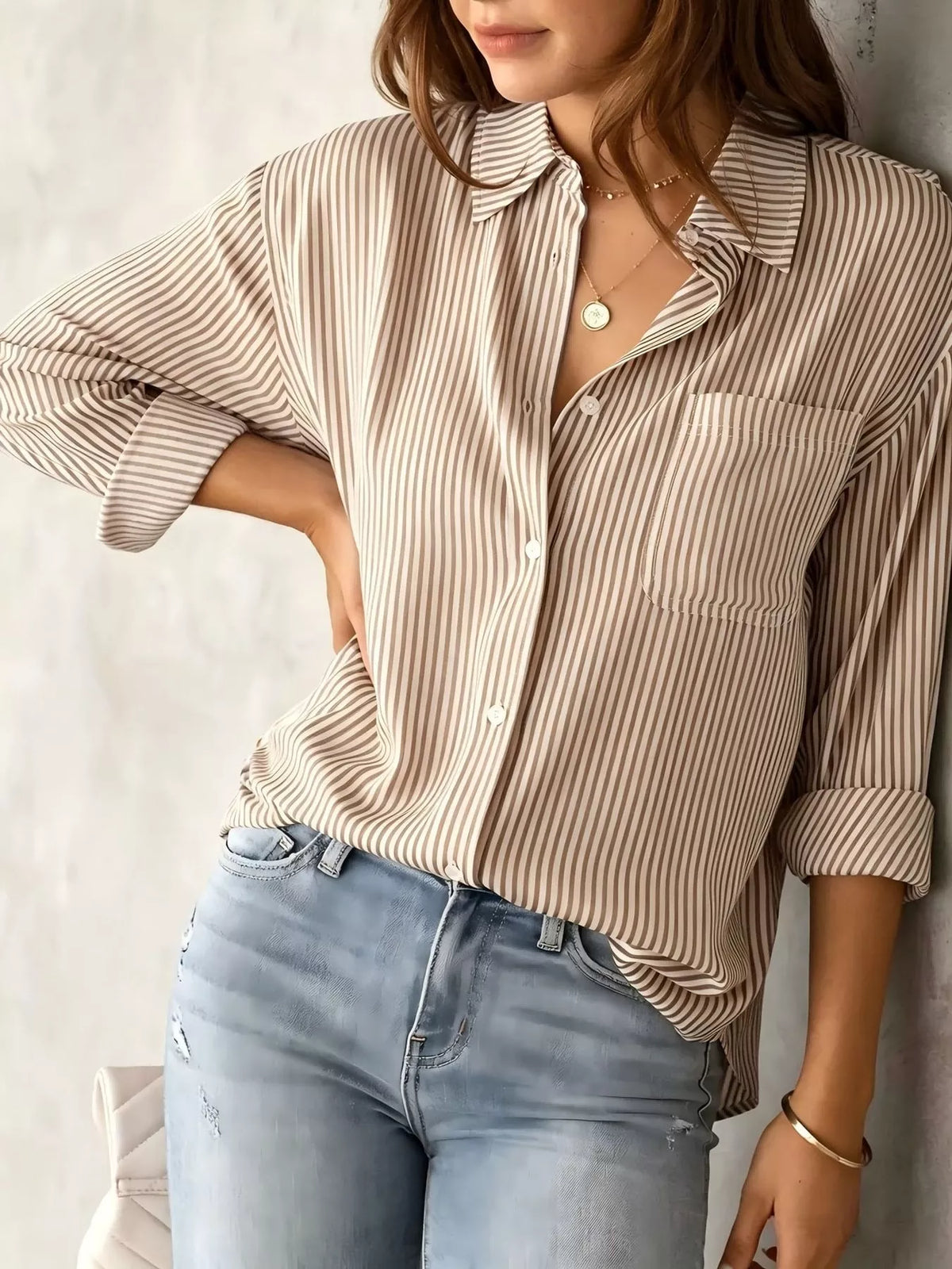 full size striped button-down long sleeve shirt plus | dropsona - neutral - material texture