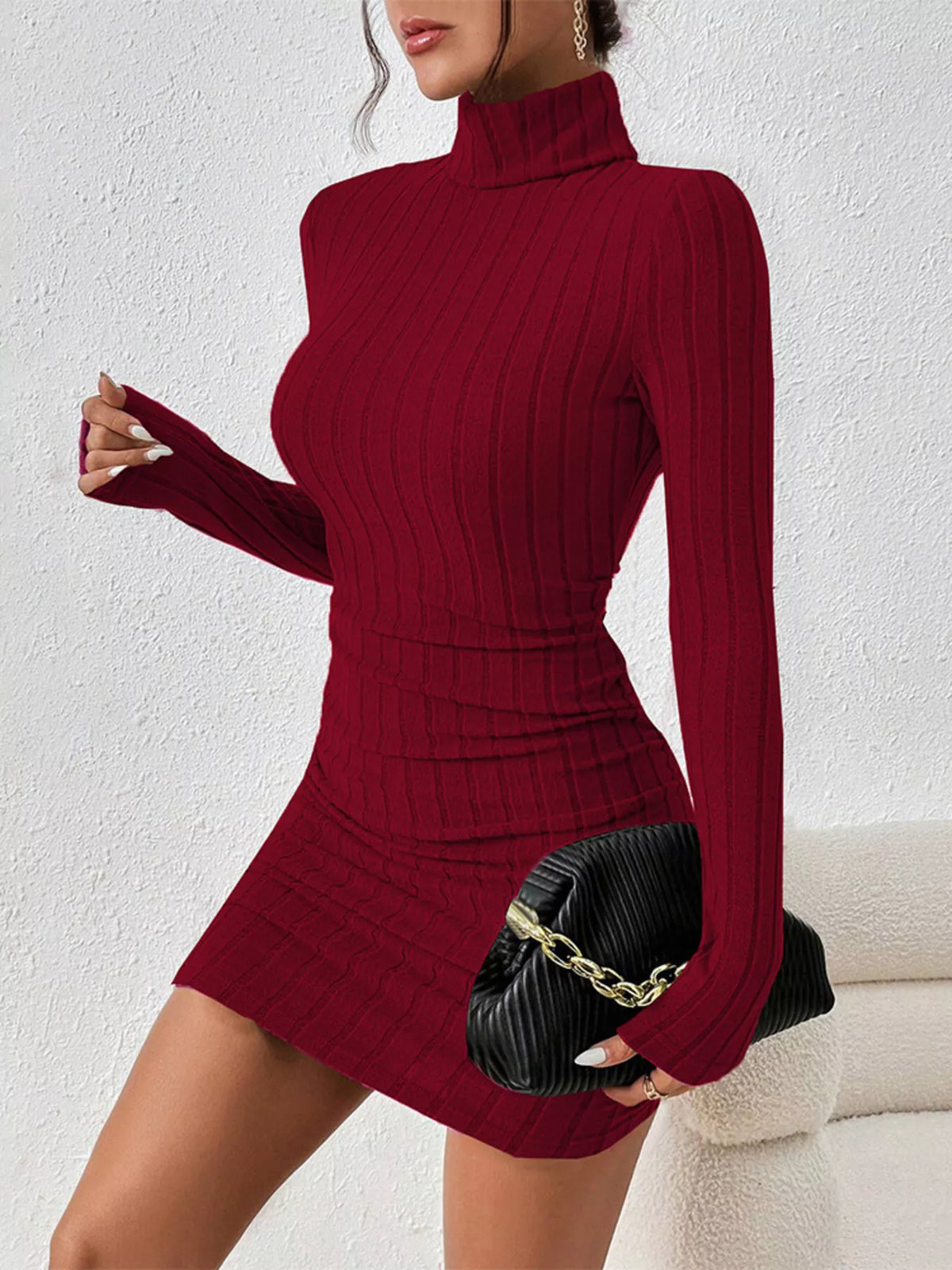 christmas outfit turtleneck ribbed bodycon knit dress | dropsona - neutral - material texture