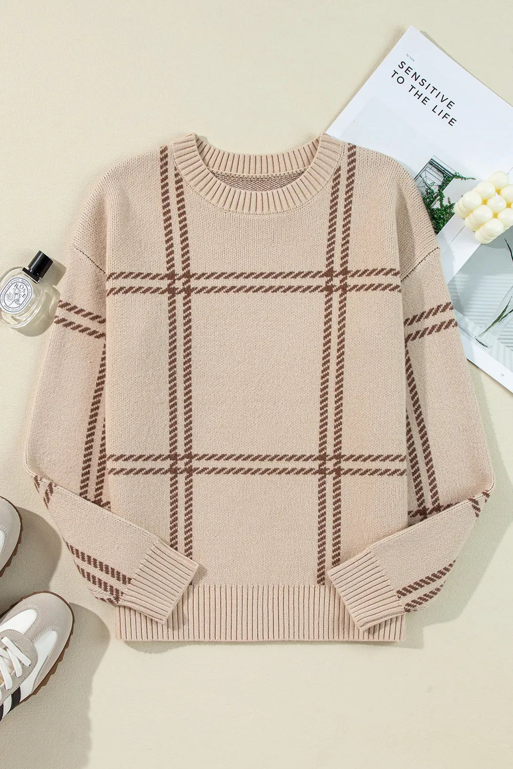 plaid round neck dropped shoulder sweater | dropsona - neutral - close-up detail