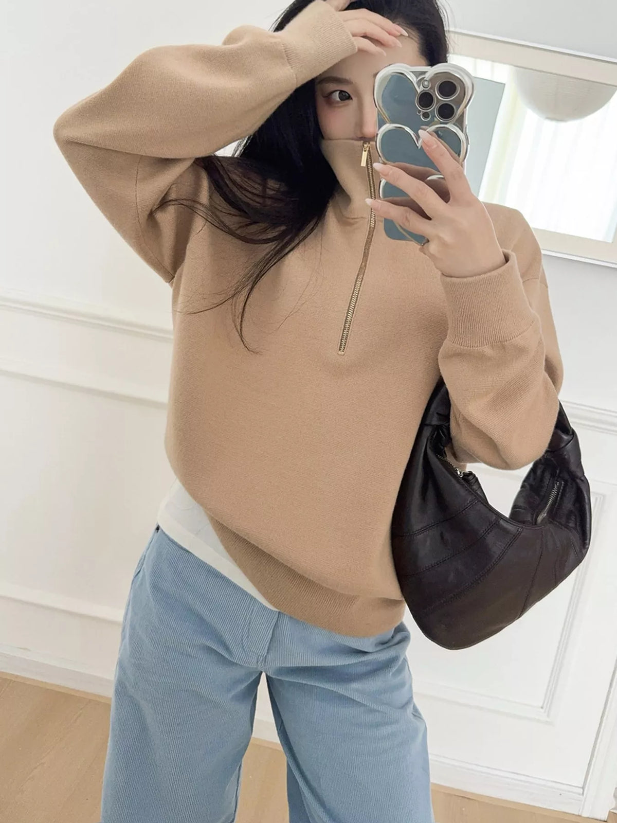 half-zip dropped shoulder sweater – zipper fit | dropsona - neutral - material texture