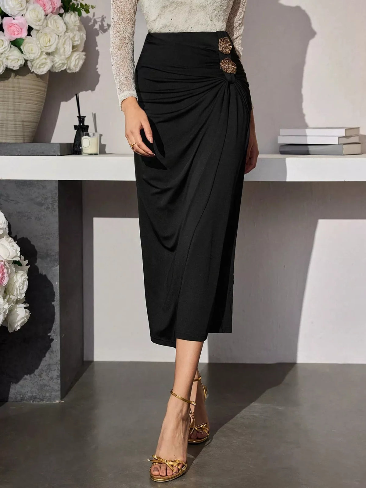 elegant high-waisted ruched midi skirt with | dropsona - neutral - everyday use