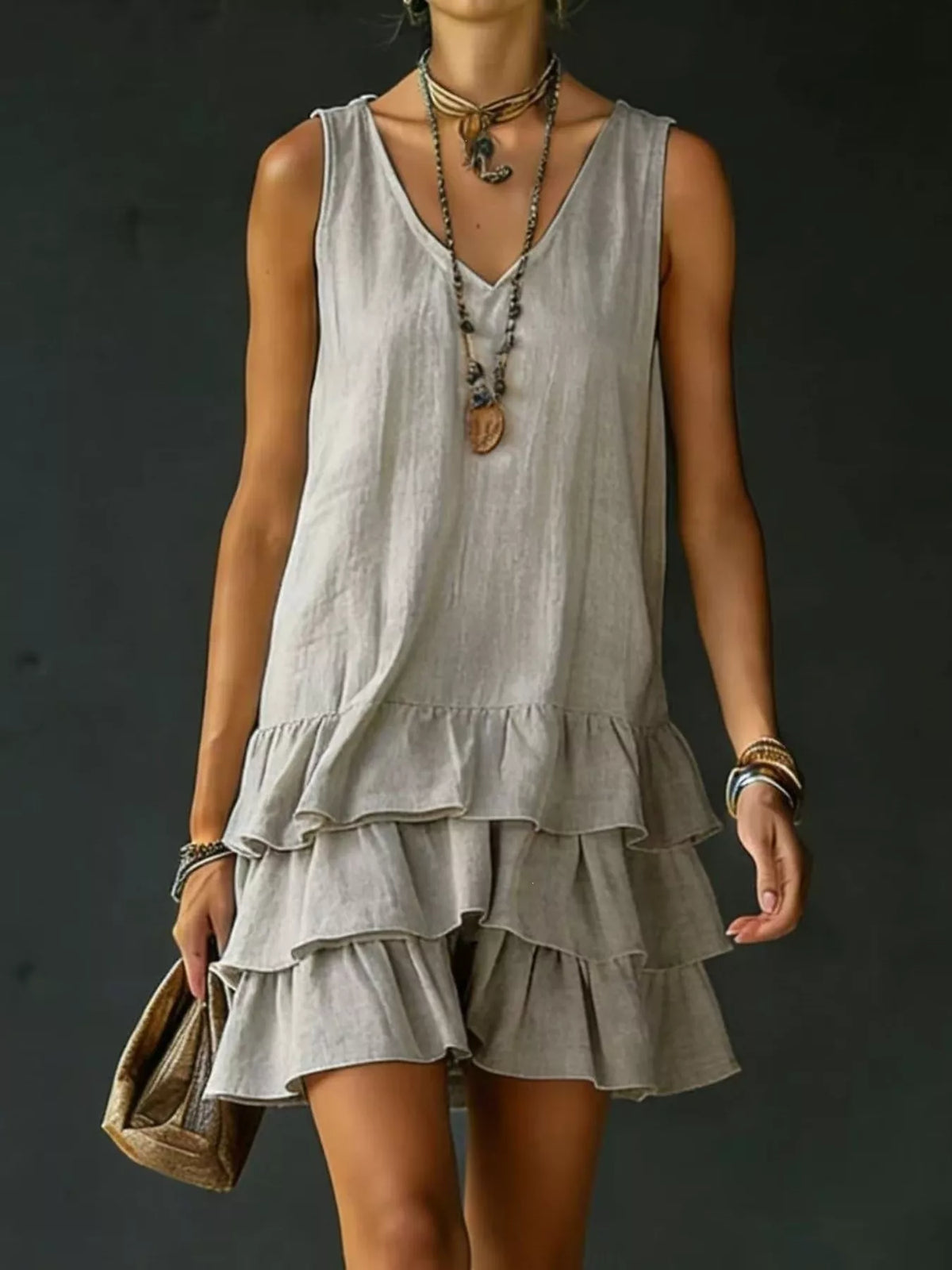 full size ruffled hem v-neck sleeveless dress plus size - front view