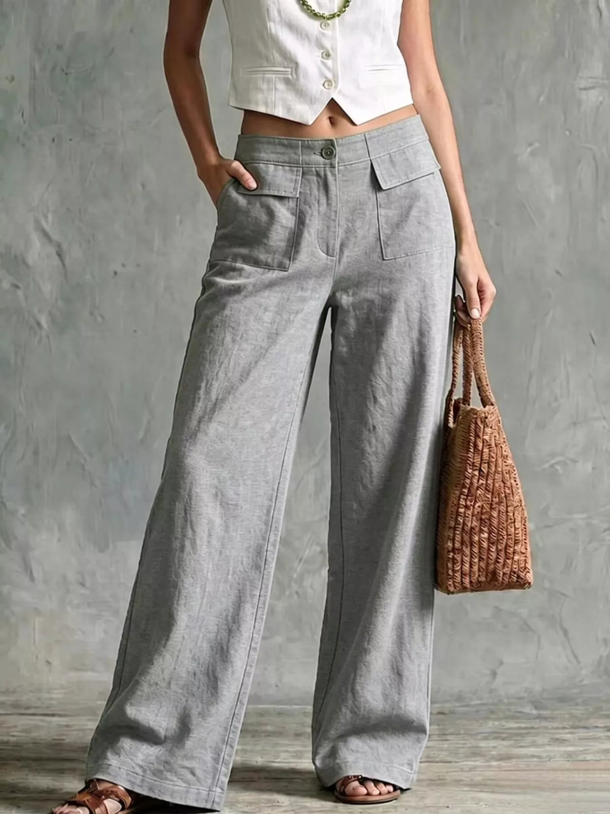 full size high-waisted wide-leg cargo pants plus | dropsona - neutral - packaging