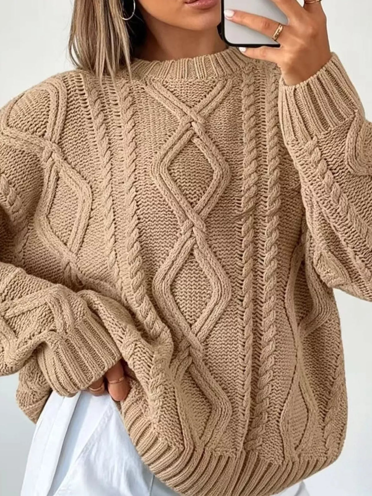 full size cable-knit round neck sweater plus | dropsona - neutral - usage example