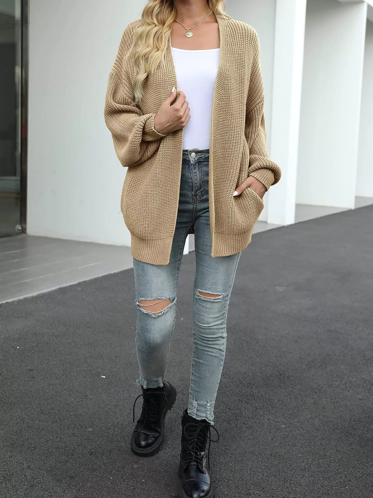 chunky knit open front cardigan with lantern sleeves | dropsona - neutral - close-up detail